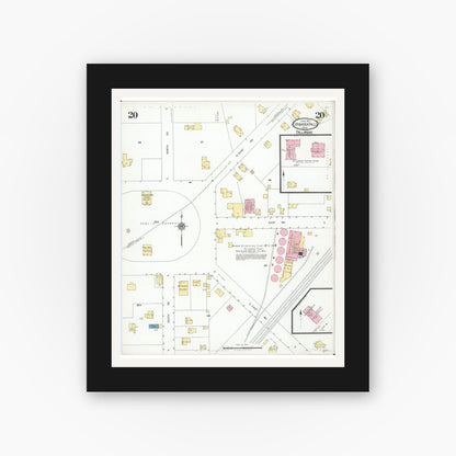 Old map wall art mockup — black gallery frame with white mat — Sanborn Fire Insurance Map from Cuyahoga Falls, Summit County, Ohio (1927), Sheet #0020