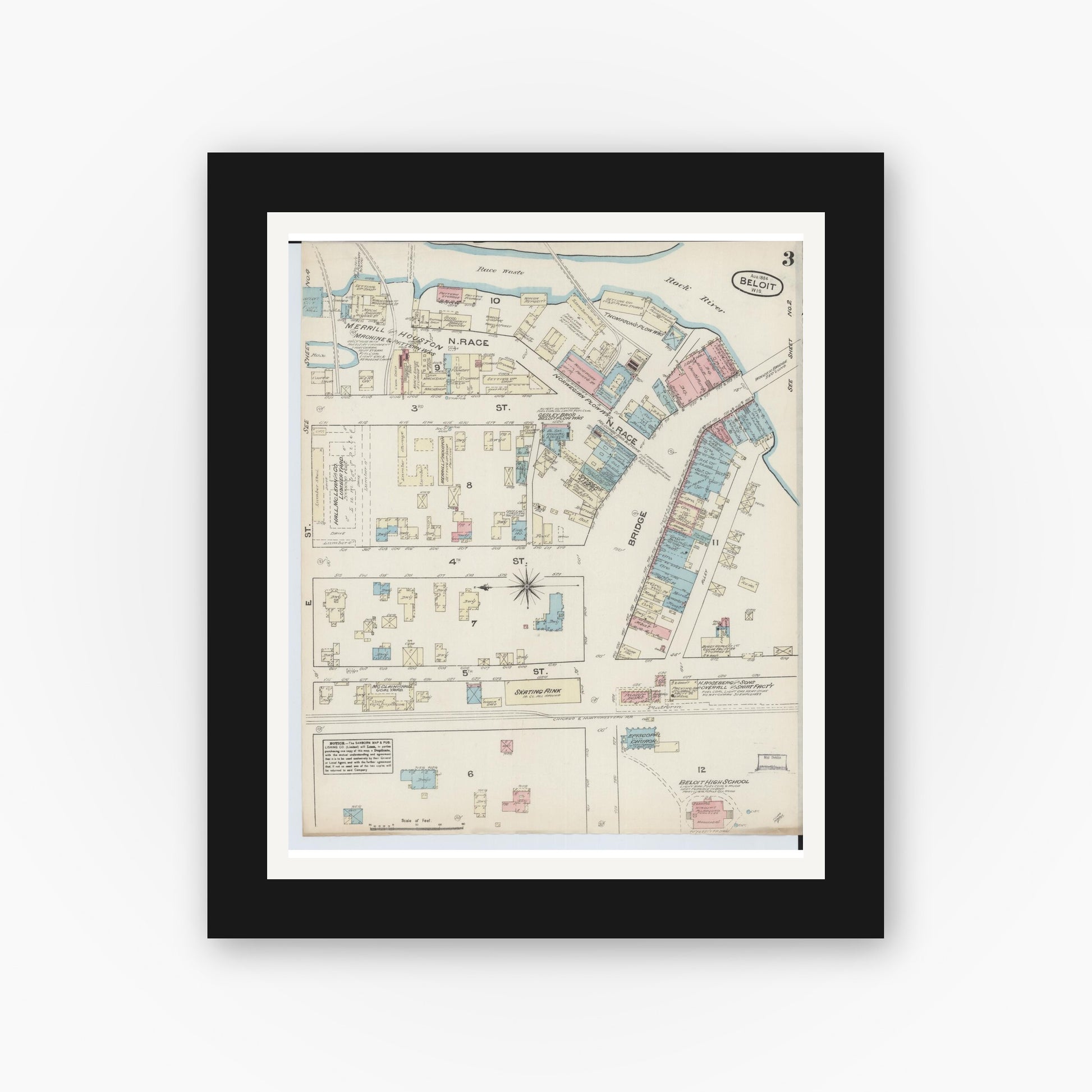 Old map wall art mockup — black gallery frame with white mat — Sanborn Fire Insurance Map from Beloit, Rock County, Wisconsin (1884), Sheet #0003