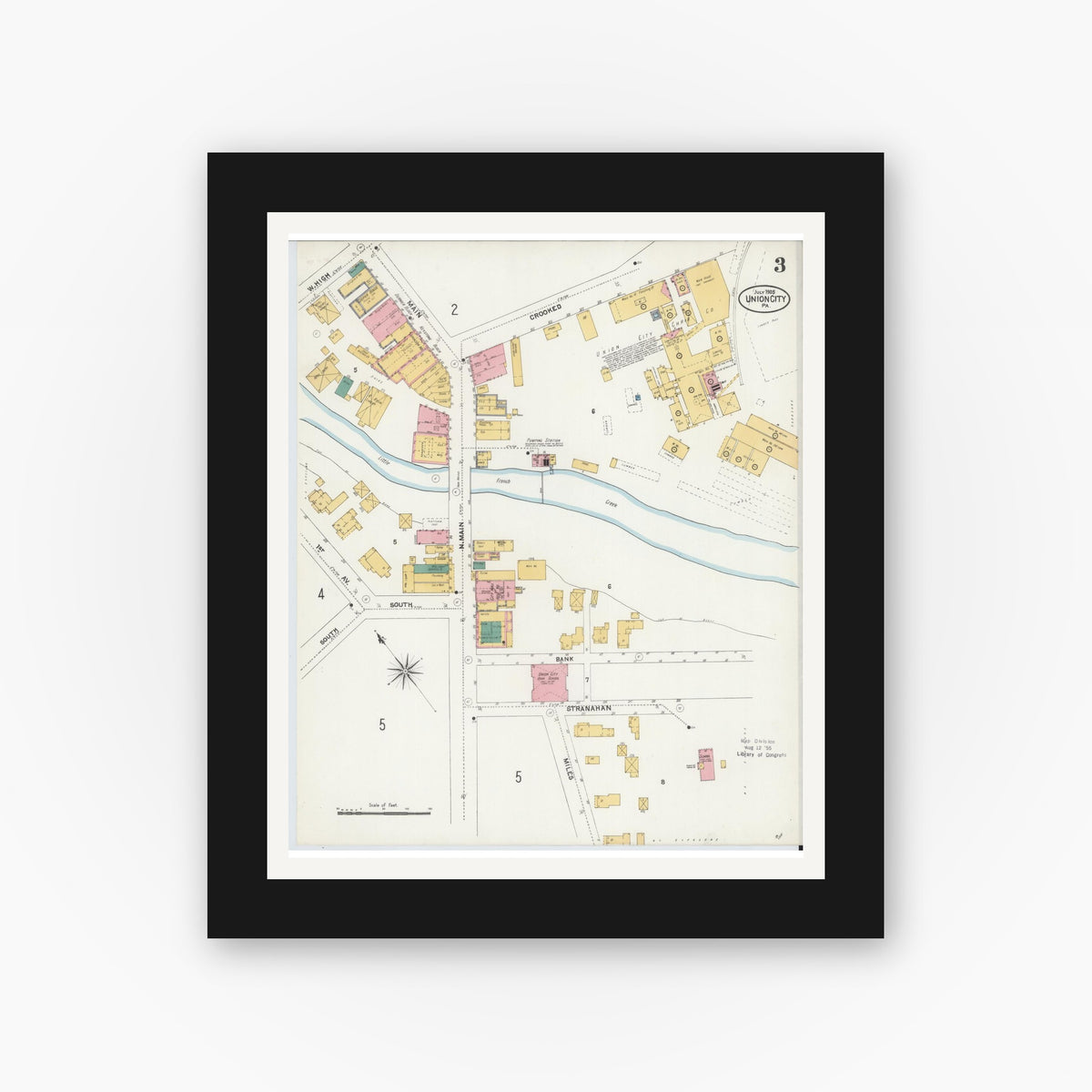 Old map wall art mockup — black gallery frame with white mat — Sanborn Fire Insurance Map from Union City, Erie County, Pennsylvania (1905), Sheet #0003