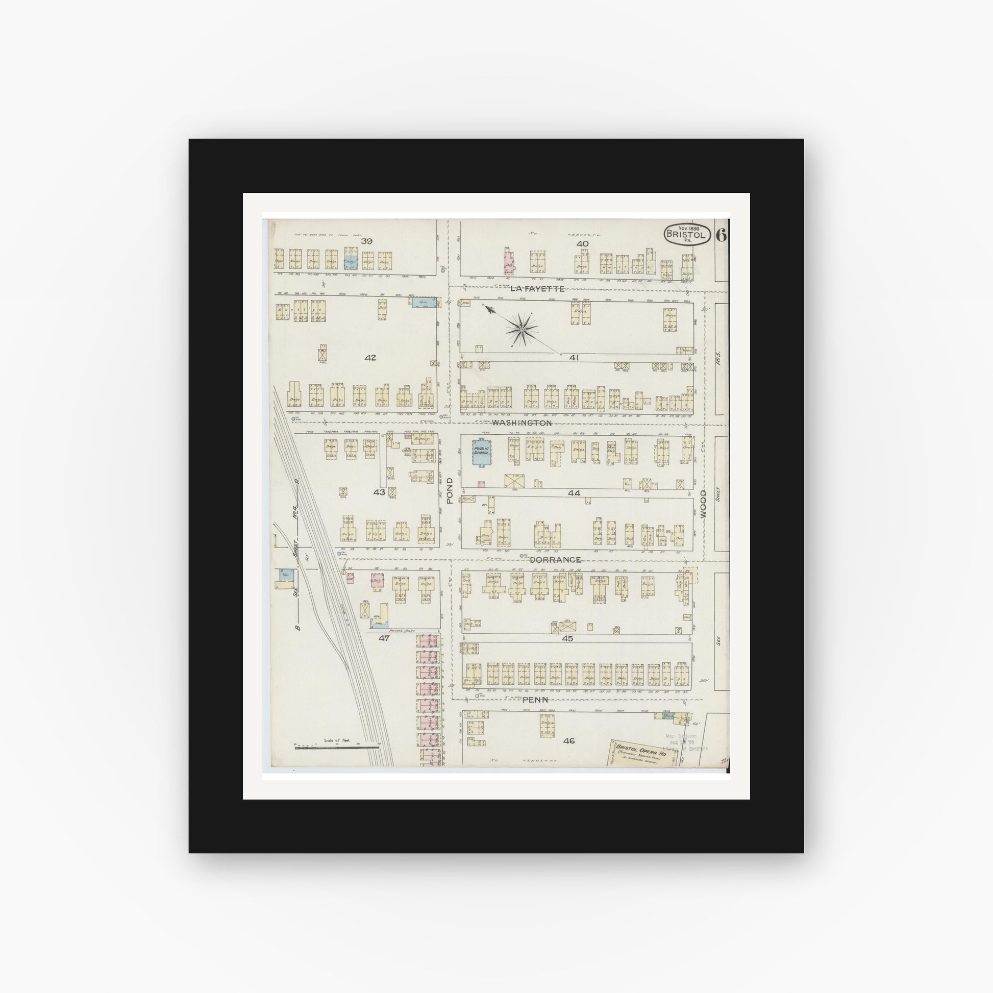 Old map wall art mockup — black gallery frame with white mat — Sanborn Fire Insurance Map from Bristol, Bucks County, Pennsylvania (1886), Sheet #0006