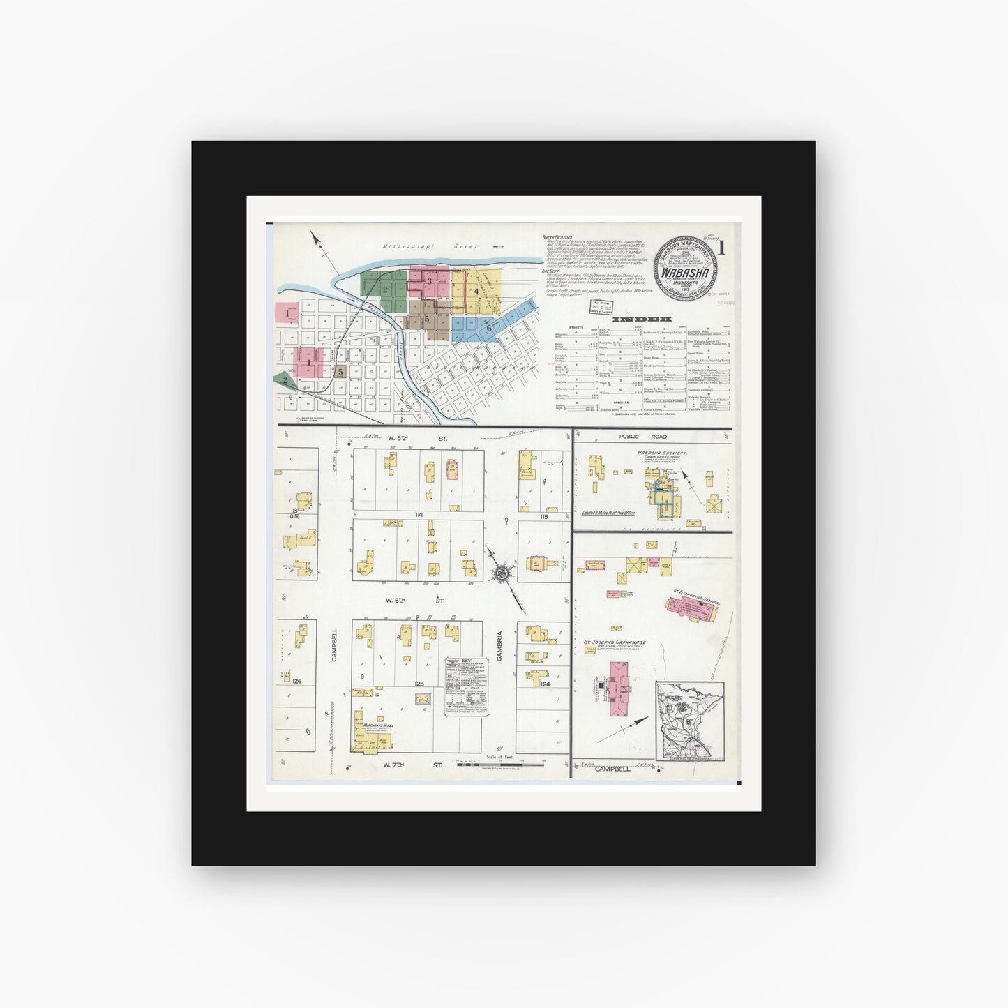 Old map wall art mockup — black gallery frame with white mat — Sanborn Fire Insurance Map from Wabasha, Wabasha County, Minnesota (1917) - Complete Map Set
