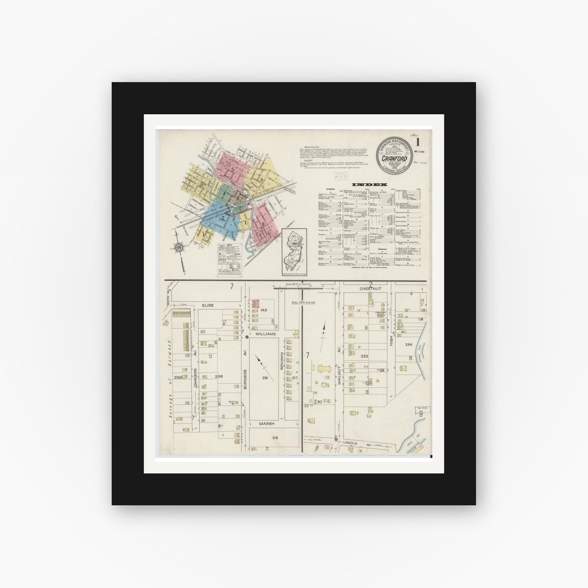Old map wall art mockup — black gallery frame with white mat — Sanborn Fire Insurance Map from Cranford, Union County, New Jersey (1915), Sheet #0001