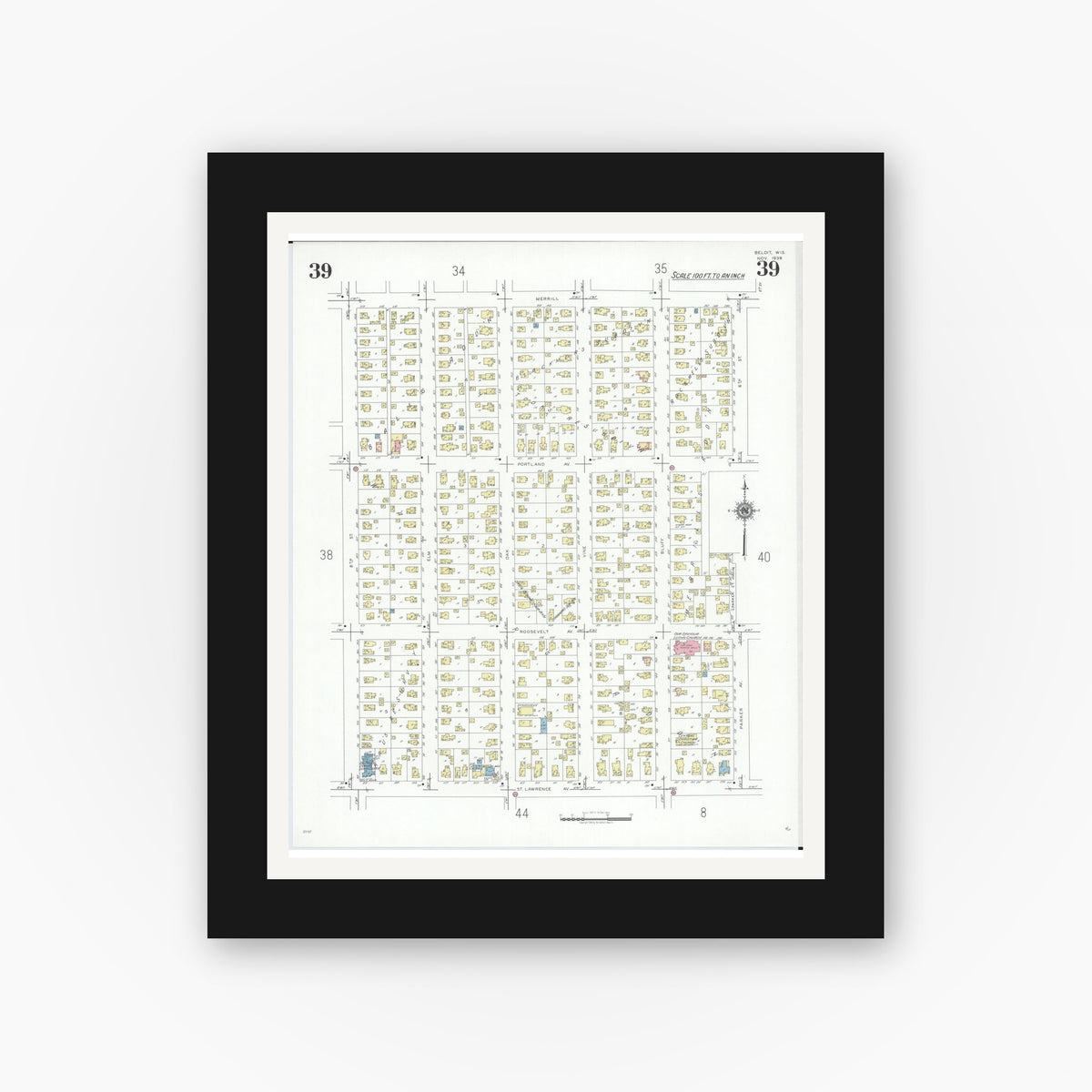 Old map wall art mockup — black gallery frame with white mat — Sanborn Fire Insurance Map from Beloit, Rock County, Wisconsin (1939), Sheet #0039
