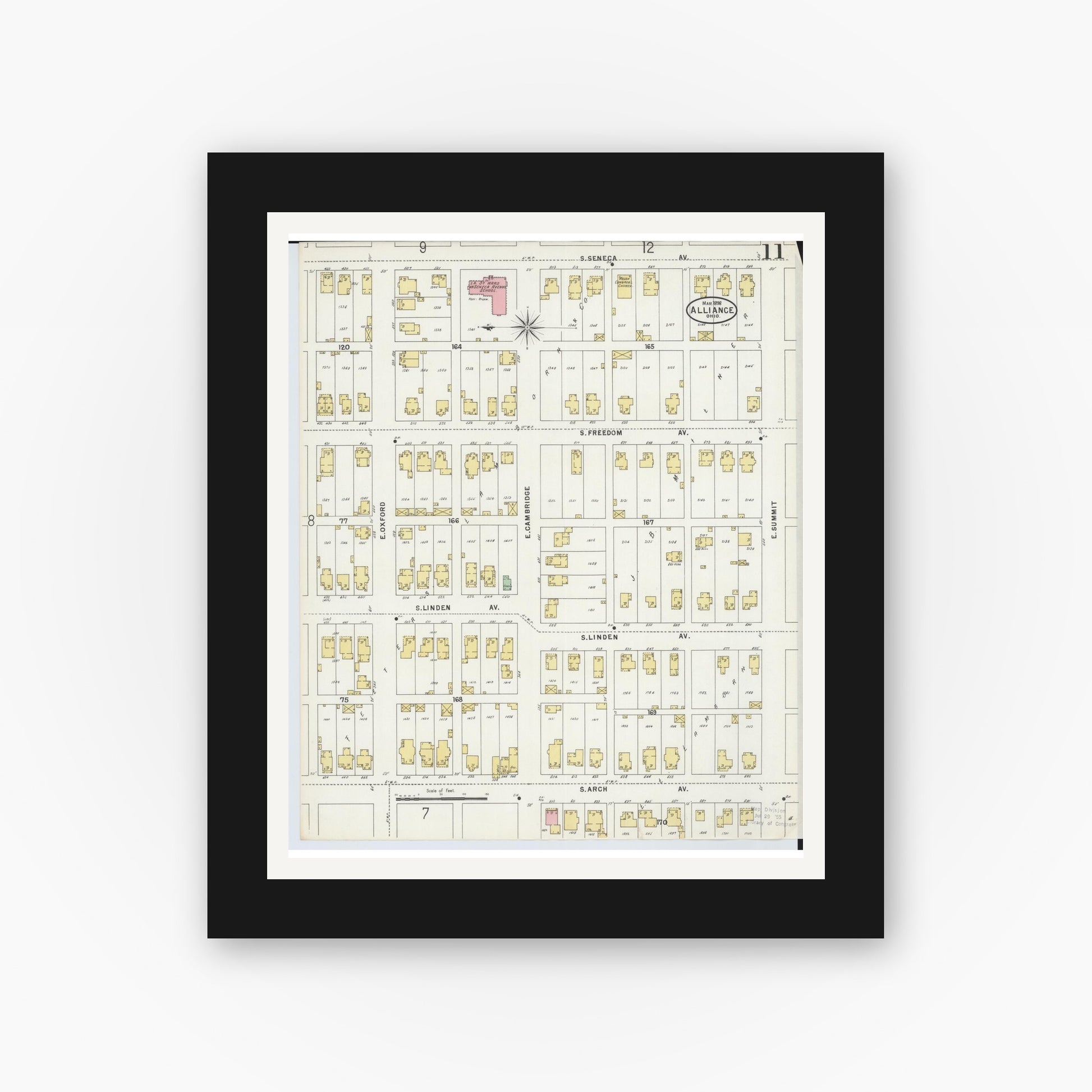 Old map wall art mockup — black gallery frame with white mat — Sanborn Fire Insurance Map from Alliance, Stark County, Ohio (1898), Sheet #0011