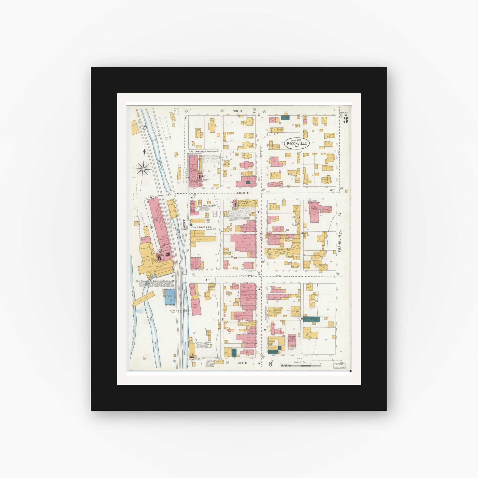 Old map wall art mockup — black gallery frame with white mat — Sanborn Fire Insurance Map from Brookville, Franklin County, Indiana (1906), Sheet #0003