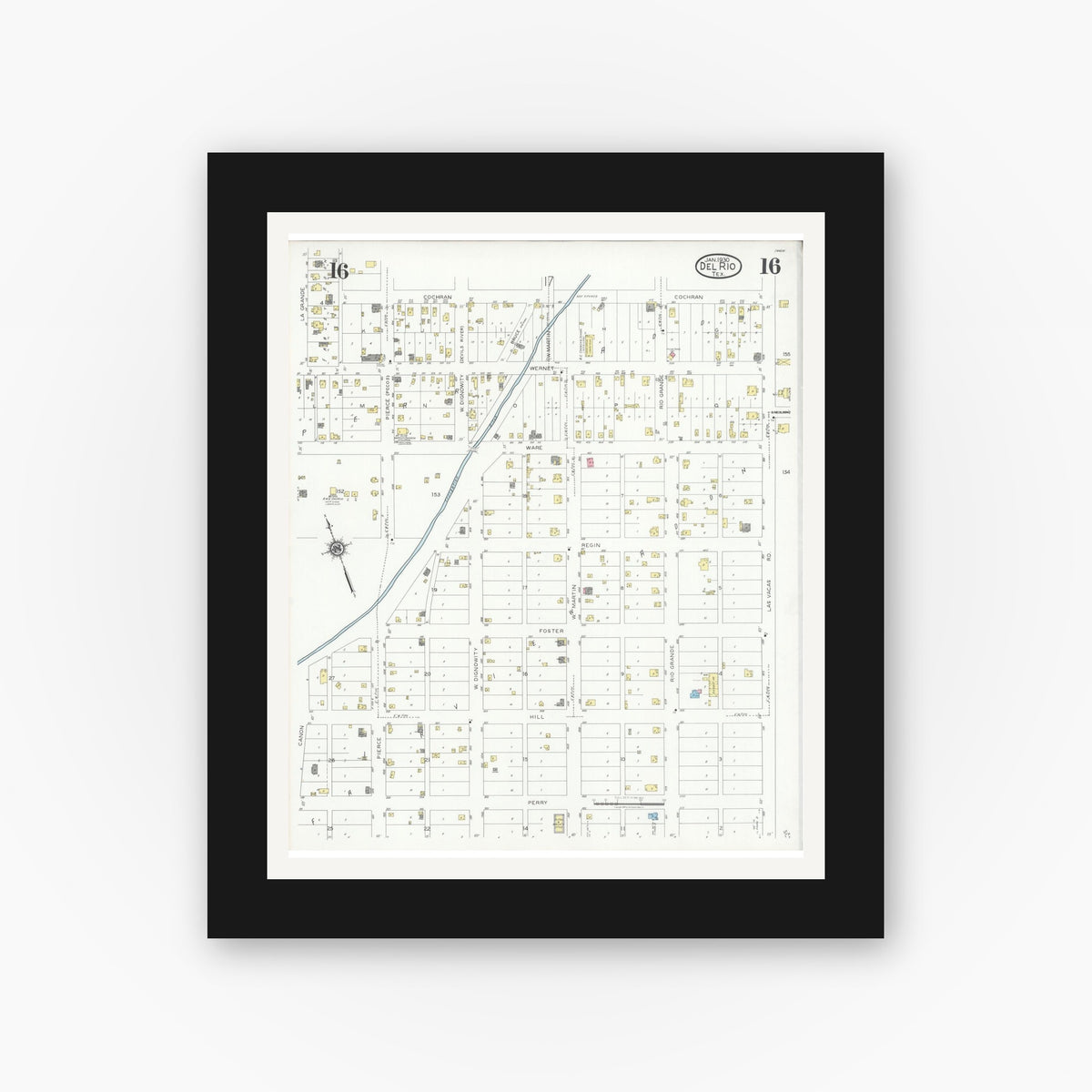 Old map wall art mockup — black gallery frame with white mat — Sanborn Fire Insurance Map from Del Rio, Val Verde County, Texas (1930), Sheet #0016