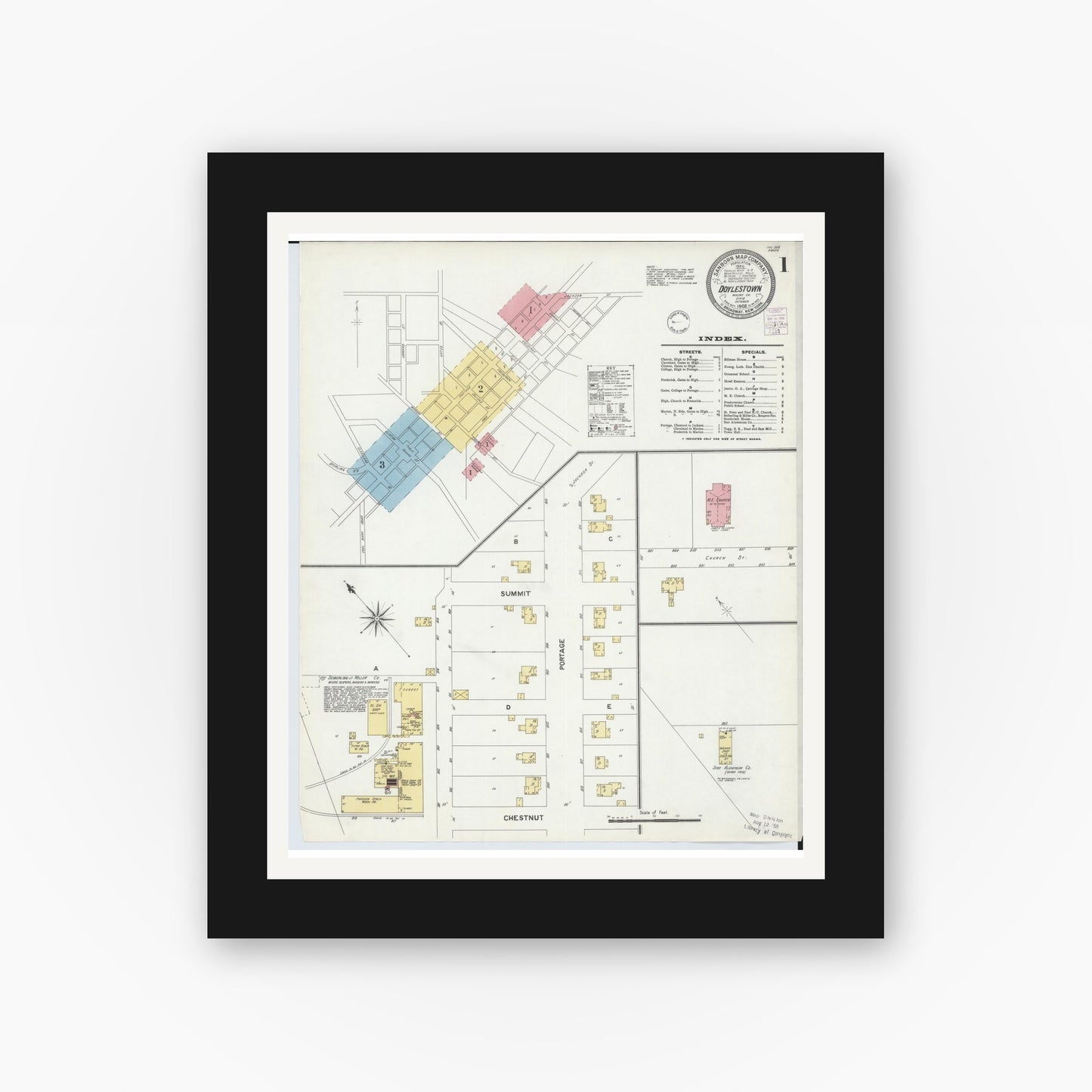 Old map wall art mockup — black gallery frame with white mat — Sanborn Fire Insurance Map from Doylestown, Wayne County, Ohio (1902) - Complete Map Set