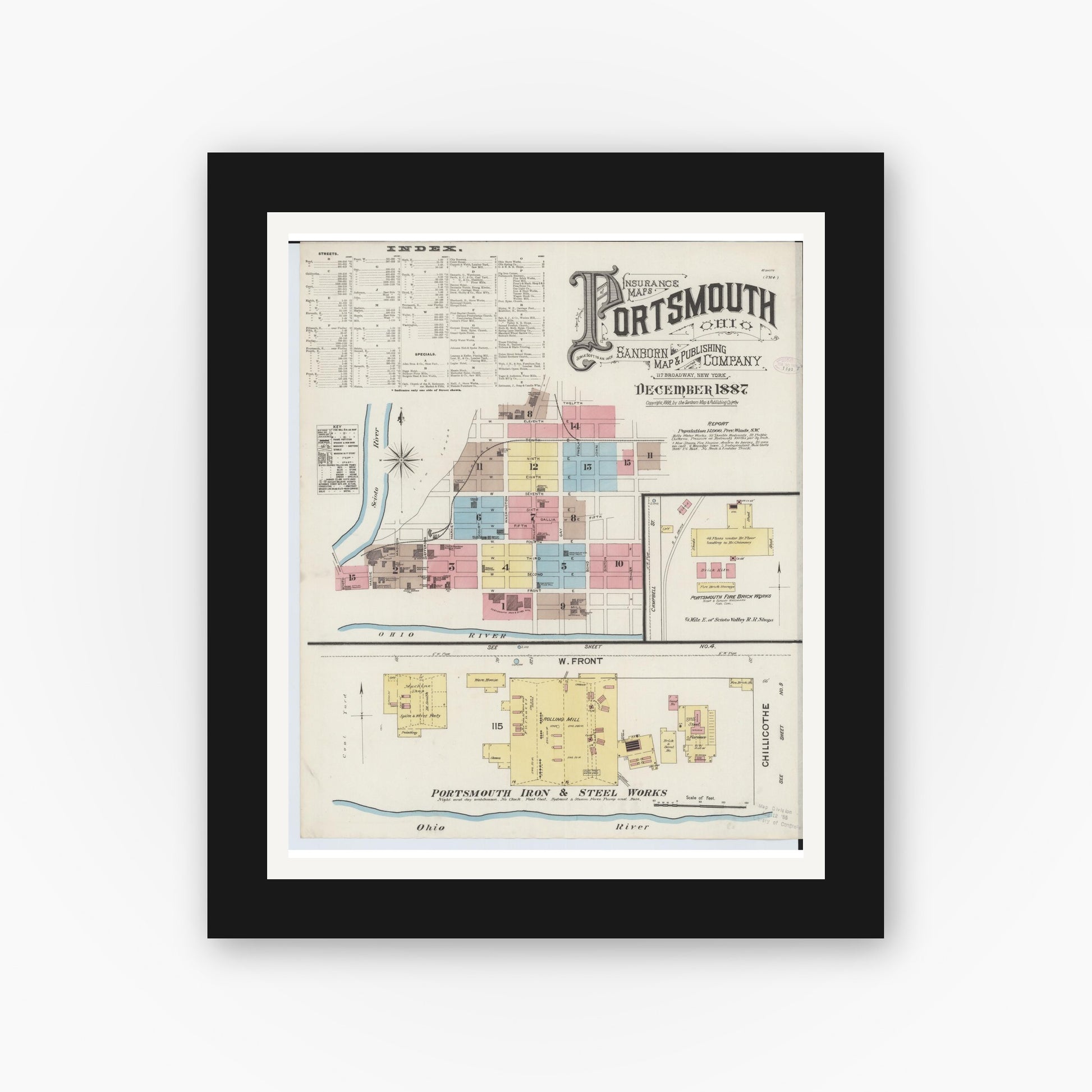 Old map wall art mockup — black gallery frame with white mat — Sanborn Fire Insurance Map from Portsmouth, Scioto County, Ohio (1887) - Complete Map Set