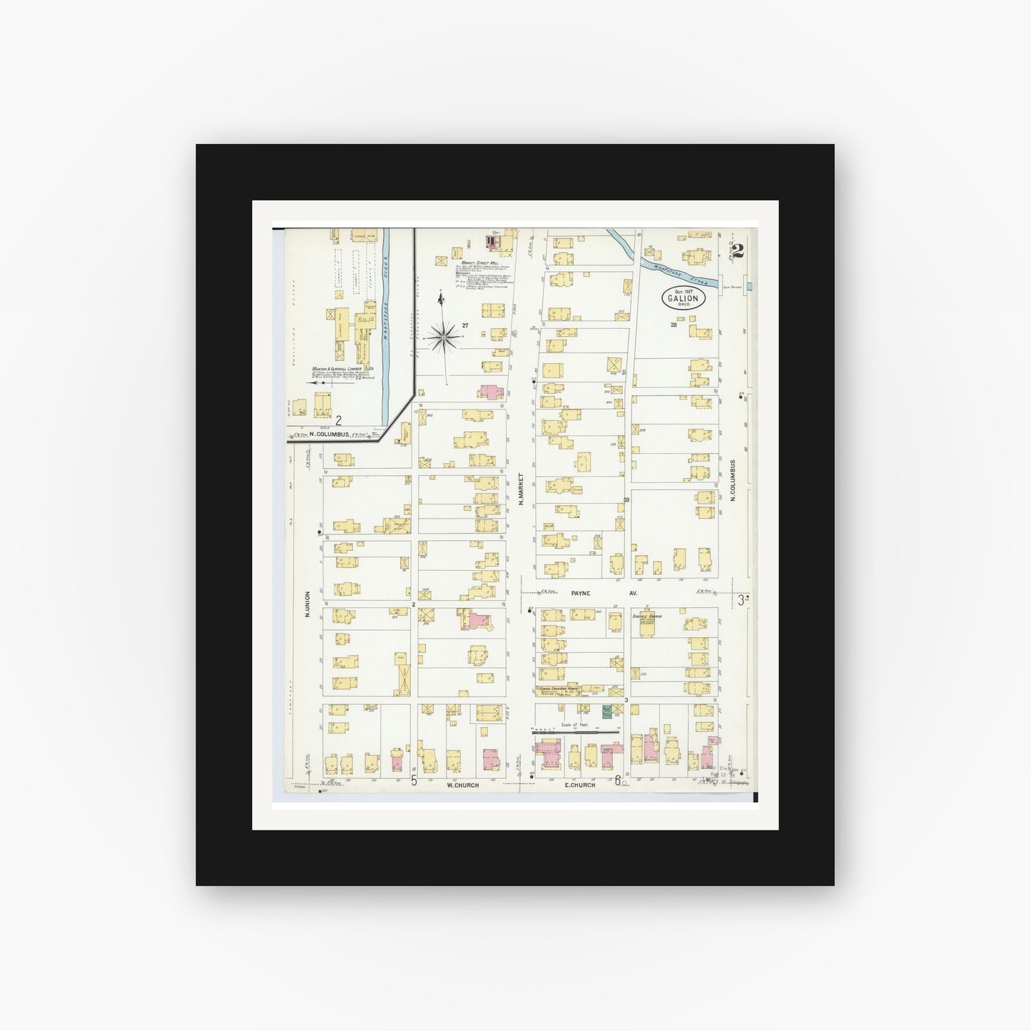 Old map wall art mockup — black gallery frame with white mat — Sanborn Fire Insurance Map from Galion, Crawford County, Ohio (1907), Sheet #0002