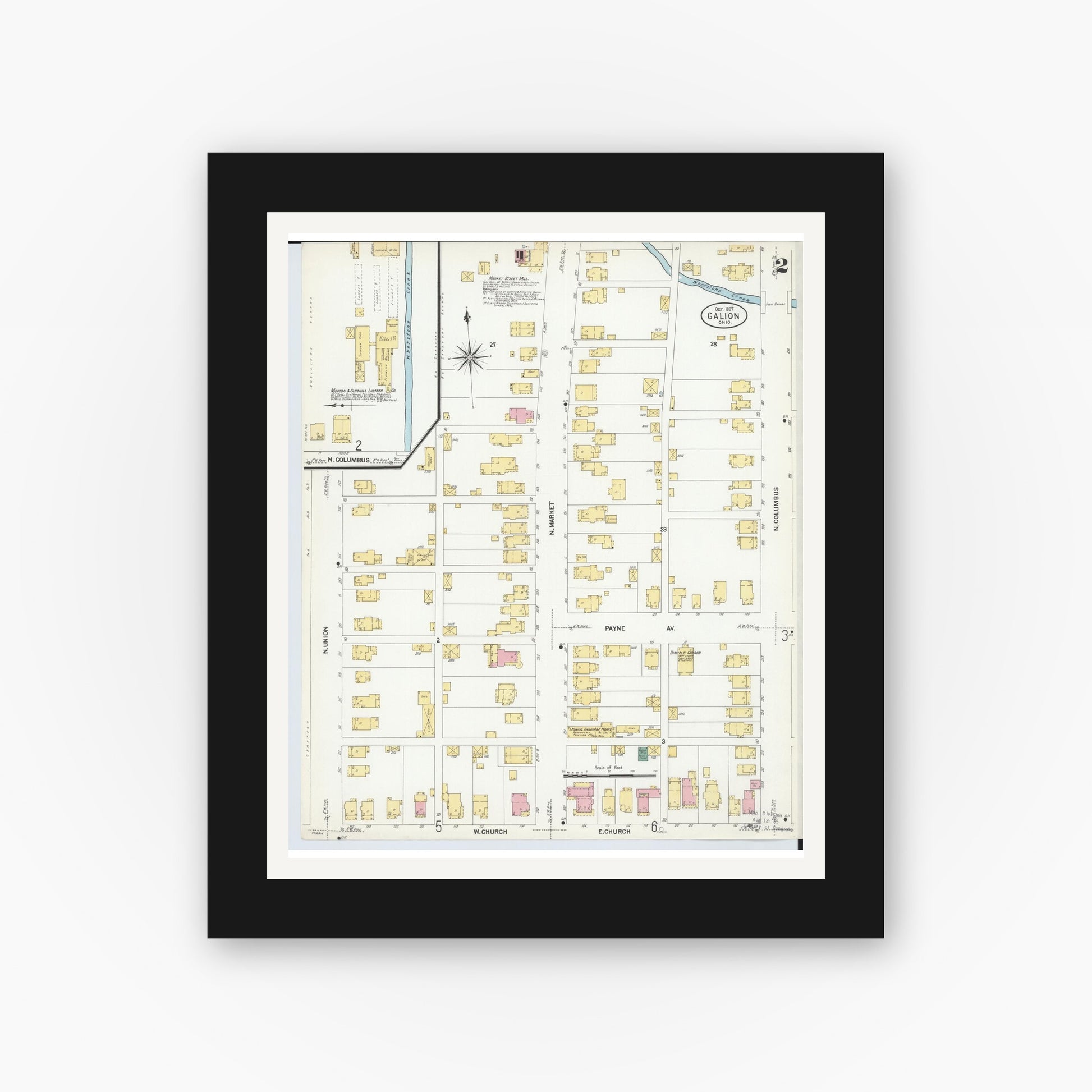 Old map wall art mockup — black gallery frame with white mat — Sanborn Fire Insurance Map from Galion, Crawford County, Ohio (1907), Sheet #0002