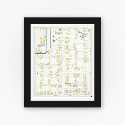Old map wall art mockup — black gallery frame with white mat — Sanborn Fire Insurance Map from Galion, Crawford County, Ohio (1907), Sheet #0002