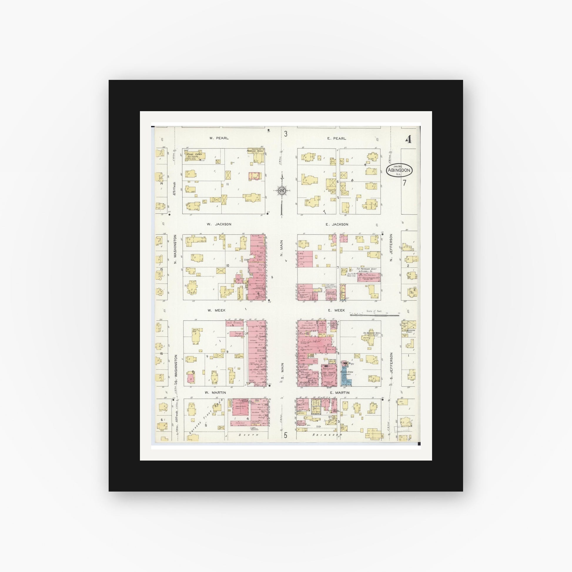 Old map wall art mockup — black gallery frame with white mat — Sanborn Fire Insurance Map from Abingdon, Knox County, Illinois (1912), Sheet #0004
