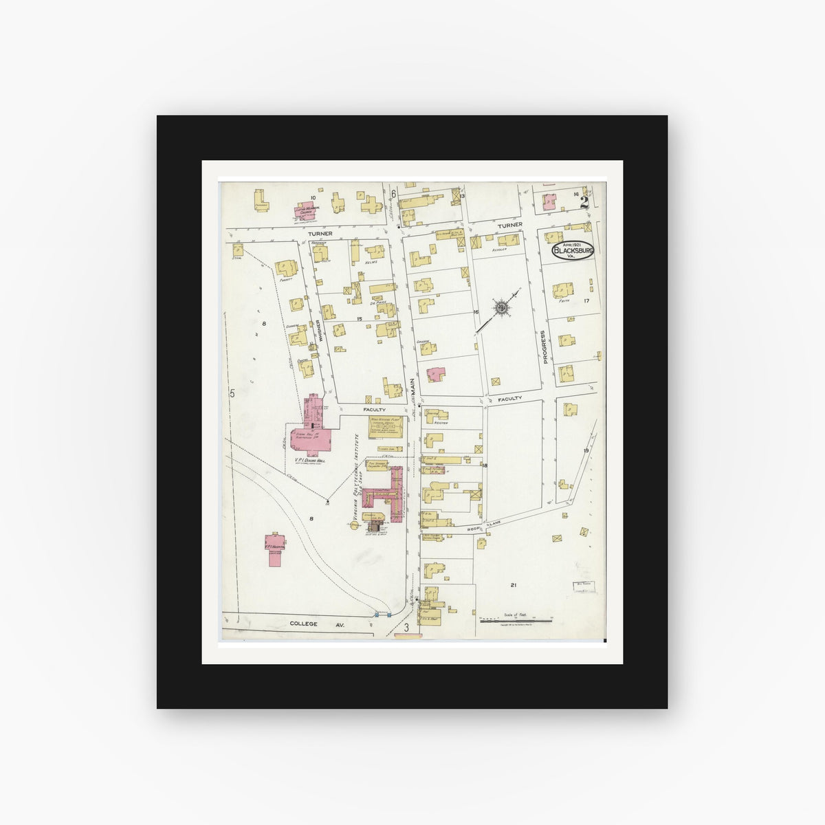 Old map wall art mockup — black gallery frame with white mat — Sanborn Fire Insurance Map from Blacksburg, Montgomery County, Virginia (1921), Sheet #0002