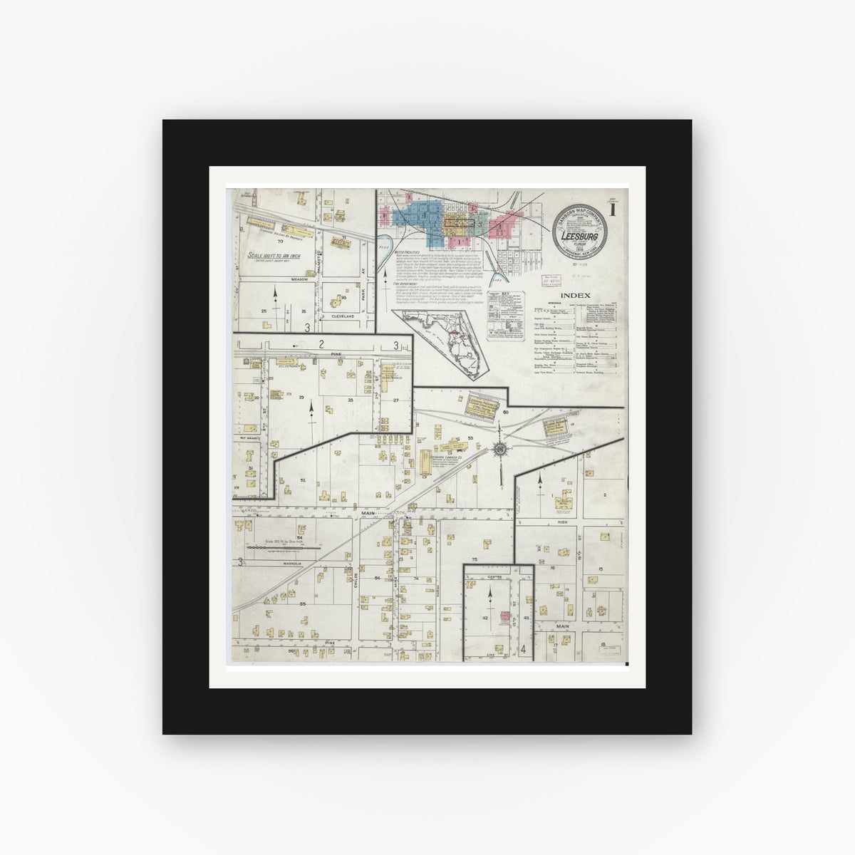 Old map wall art mockup — black gallery frame with white mat — Sanborn Fire Insurance Map from Leesburg, Lake County, Florida (1918) - Complete Map Set