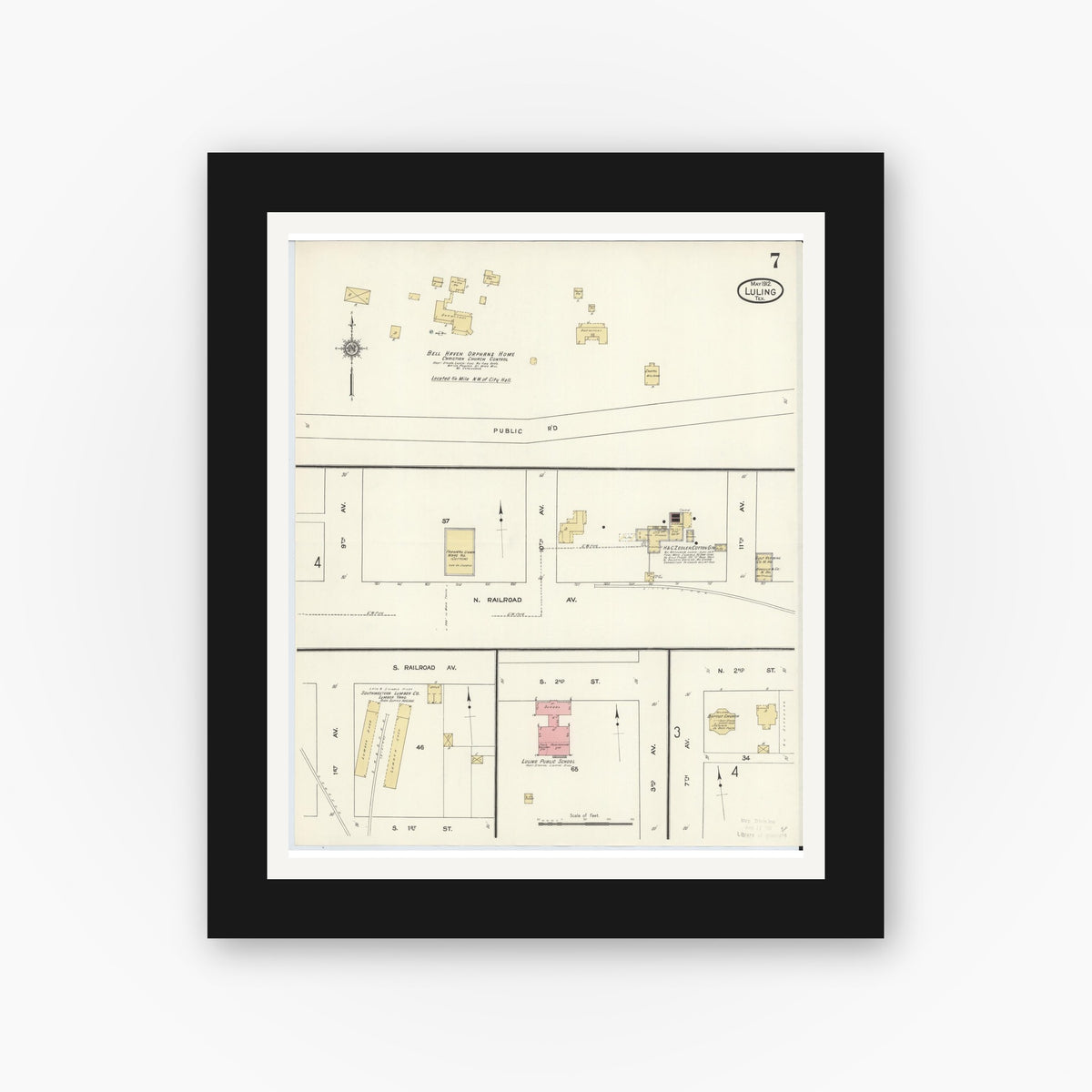 Old map wall art mockup — black gallery frame with white mat — Sanborn Fire Insurance Map from Luling, Caldwell County, Texas (1912), Sheet #0007