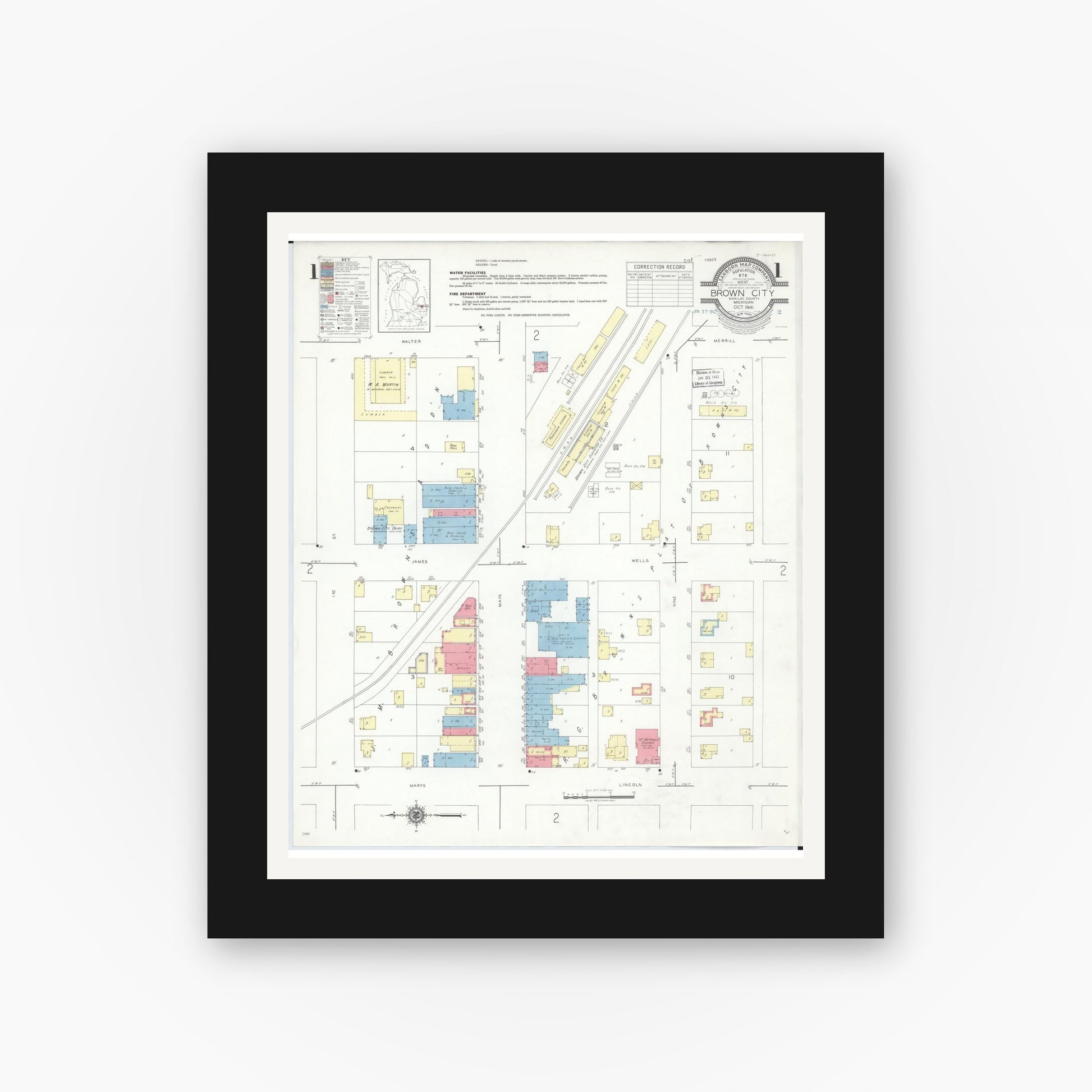 Old map wall art mockup — black gallery frame with white mat — Sanborn Fire Insurance Map from Brown City, Sanilac County, Michigan (1941), Sheet #0001