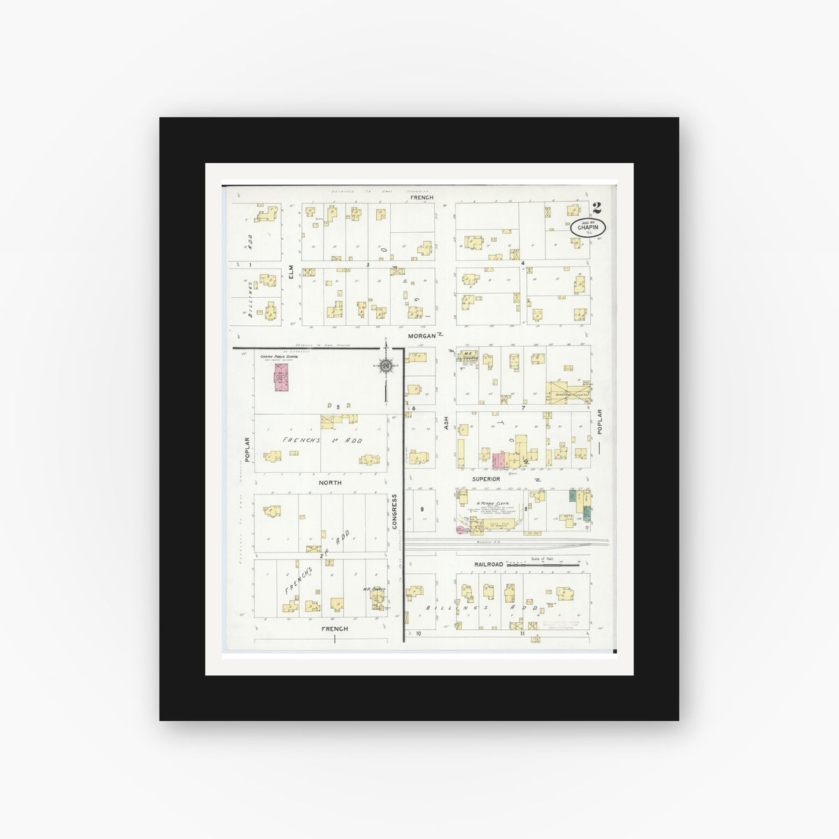 Old map wall art mockup — black gallery frame with white mat — Sanborn Fire Insurance Map from Chapin, Morgan County, Illinois (1910), Sheet #0002