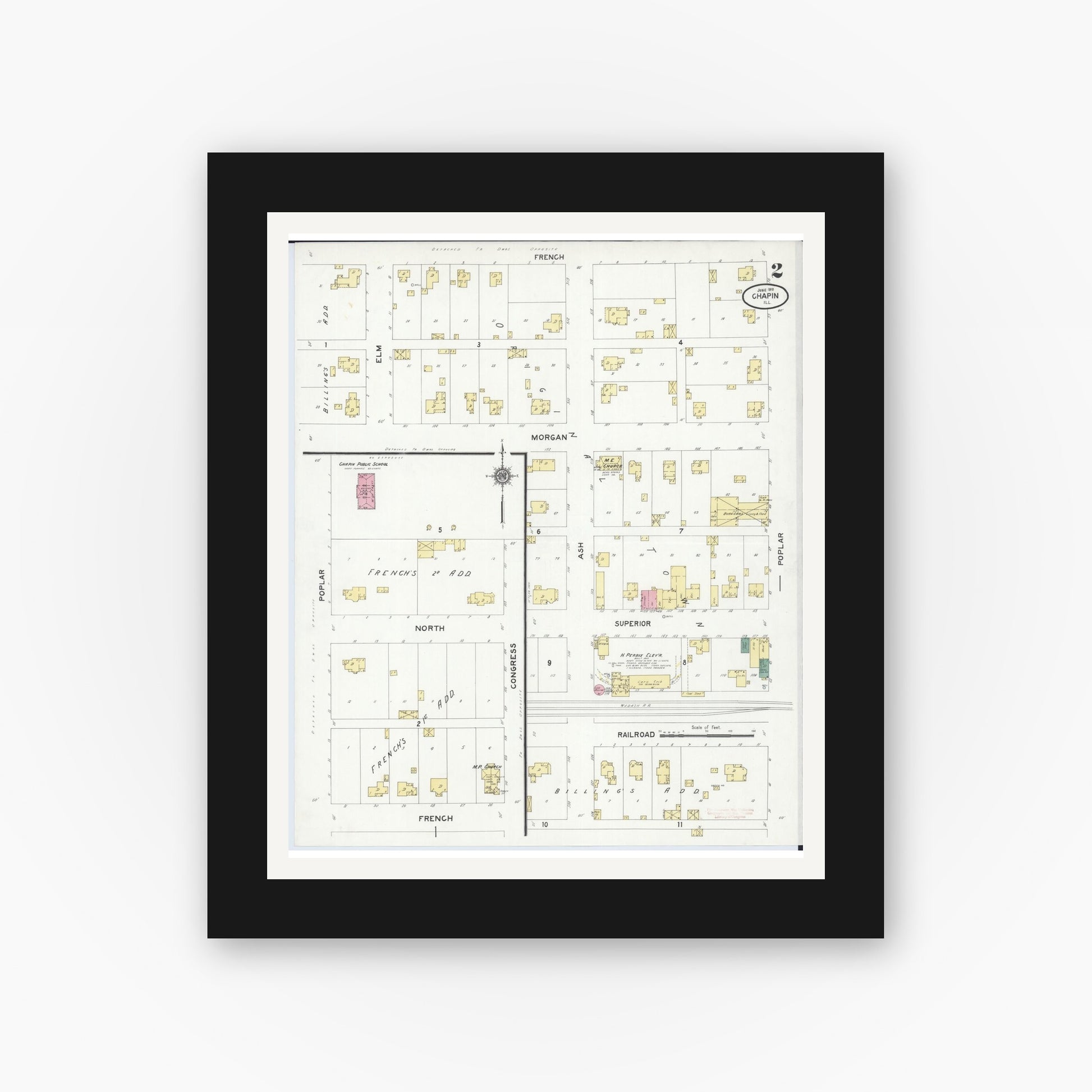 Old map wall art mockup — black gallery frame with white mat — Sanborn Fire Insurance Map from Chapin, Morgan County, Illinois (1910), Sheet #0002