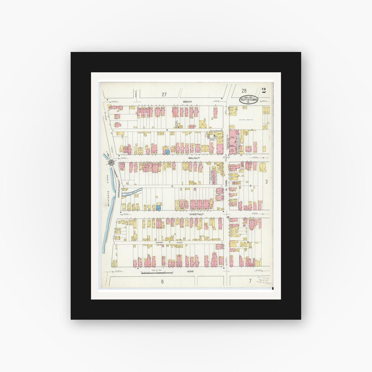 Old map wall art mockup — black gallery frame with white mat — Sanborn Fire Insurance Map from Pottstown, Montgomery County, Pennsylvania (1916), Sheet #0002