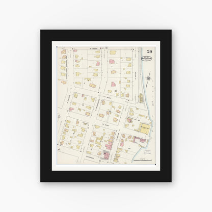 Old map wall art mockup — black gallery frame with white mat — Sanborn Fire Insurance Map from Watertown, Jefferson County, Wisconsin (1915), Sheet #0021