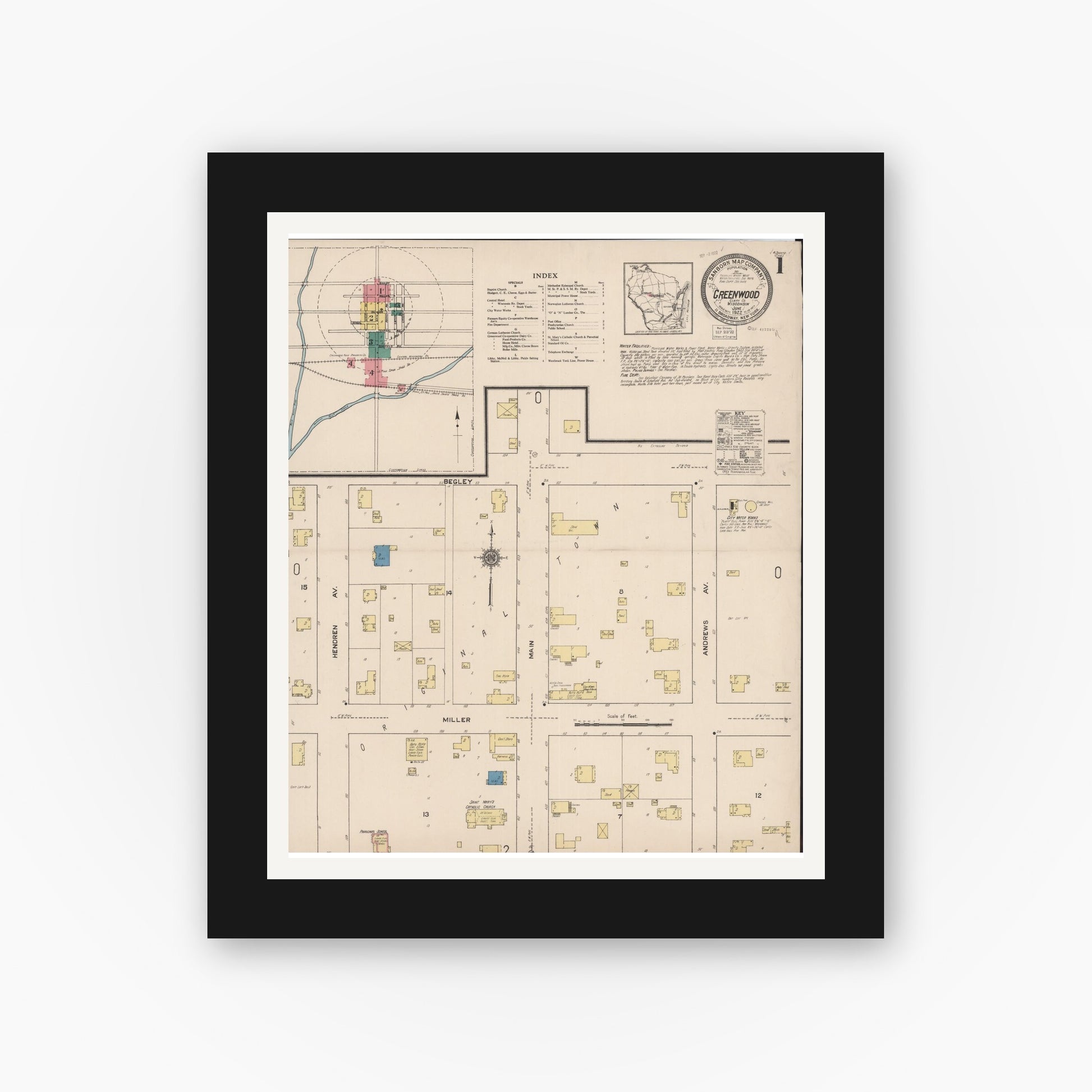 Old map wall art mockup — black gallery frame with white mat — Sanborn Fire Insurance Map from Greenwood, Clark County, Wisconsin (1922) - Complete Map Set