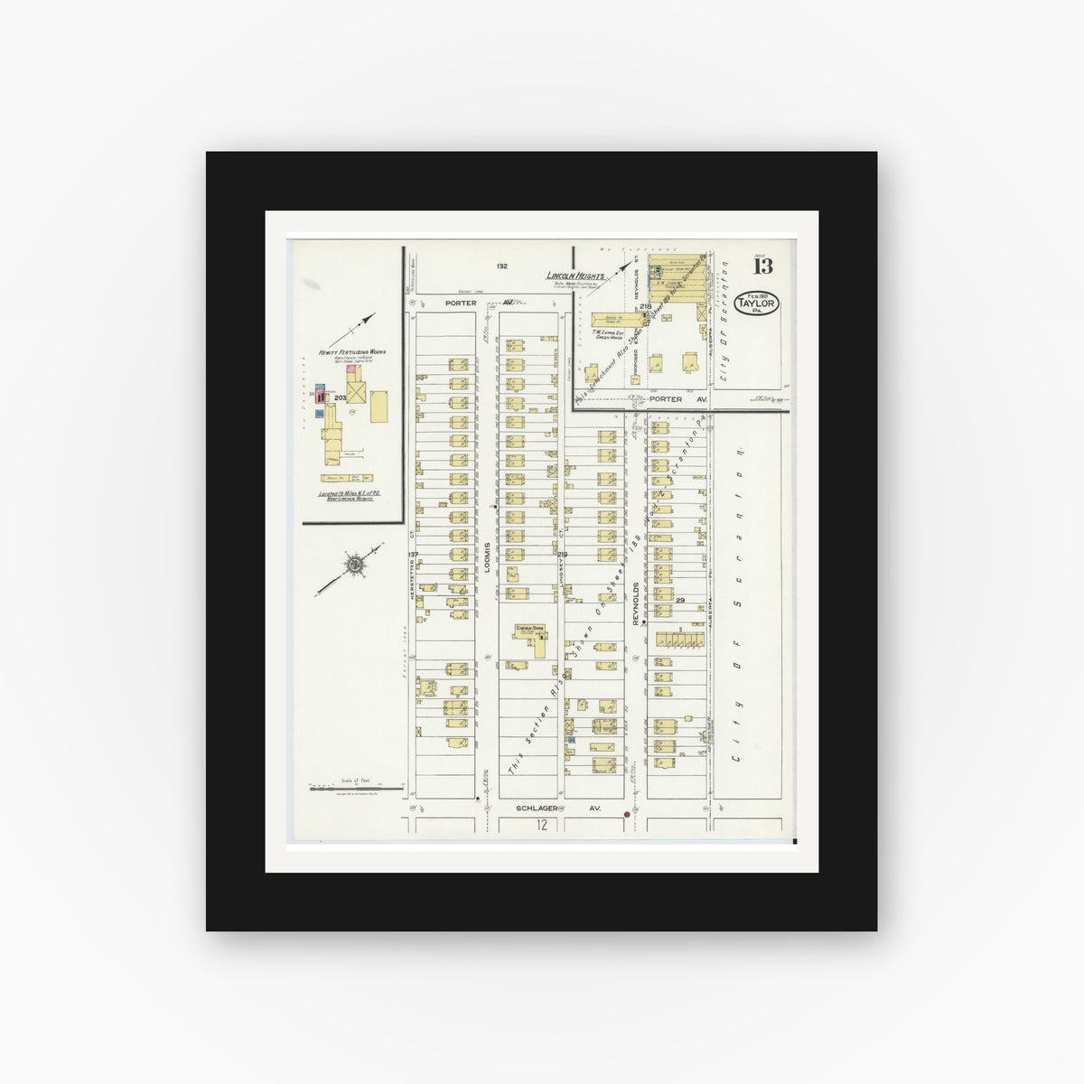 Old map wall art mockup — black gallery frame with white mat — Sanborn Fire Insurance Map from Taylor, Lackawanna County, Pennsylvania (1921), Sheet #0013