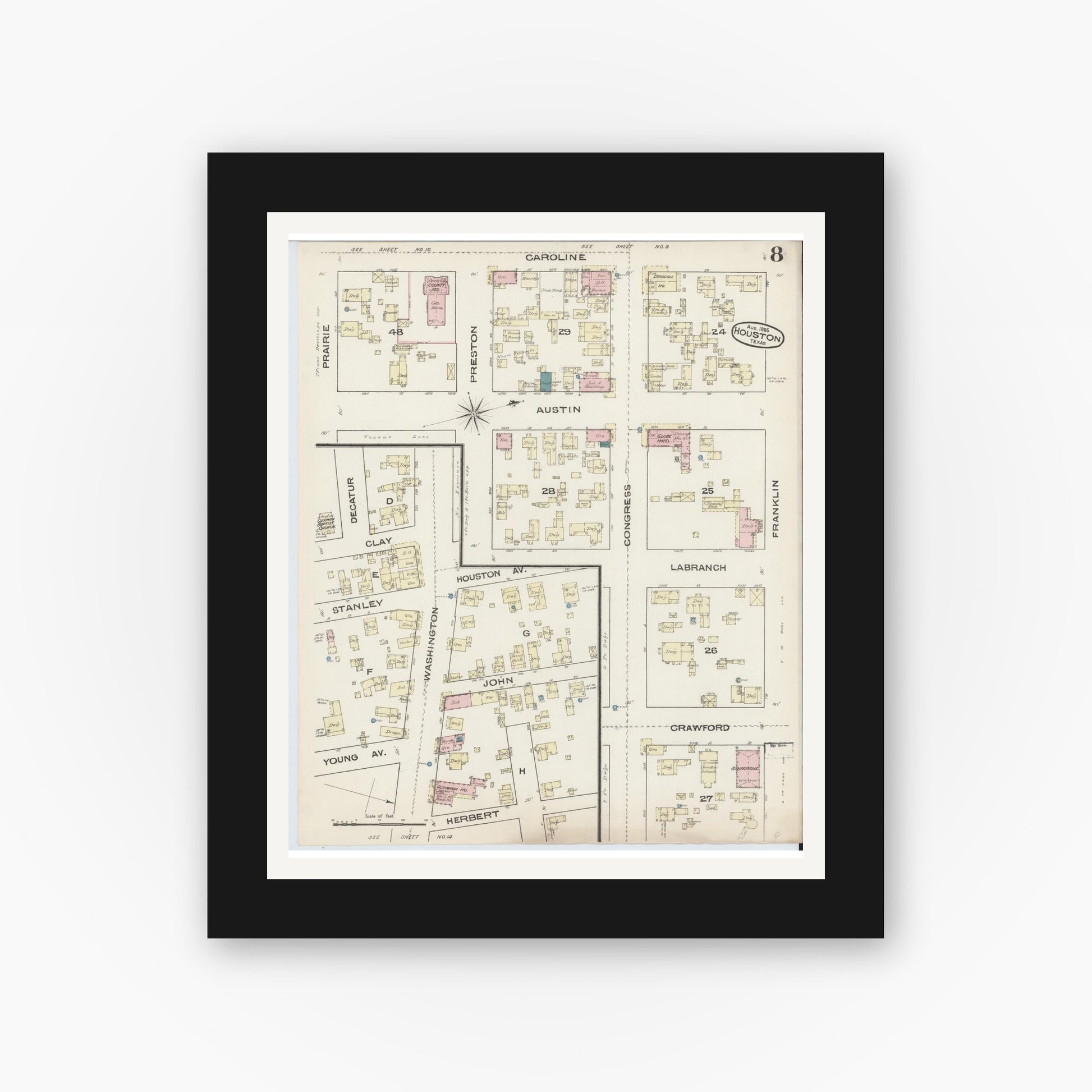 Old map wall art mockup — black gallery frame with white mat — Sanborn Fire Insurance Map from Houston, Harris County, Texas (1885), Sheet #0008