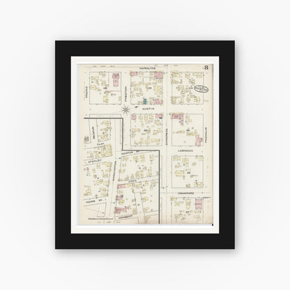 Old map wall art mockup — black gallery frame with white mat — Sanborn Fire Insurance Map from Houston, Harris County, Texas (1885), Sheet #0008