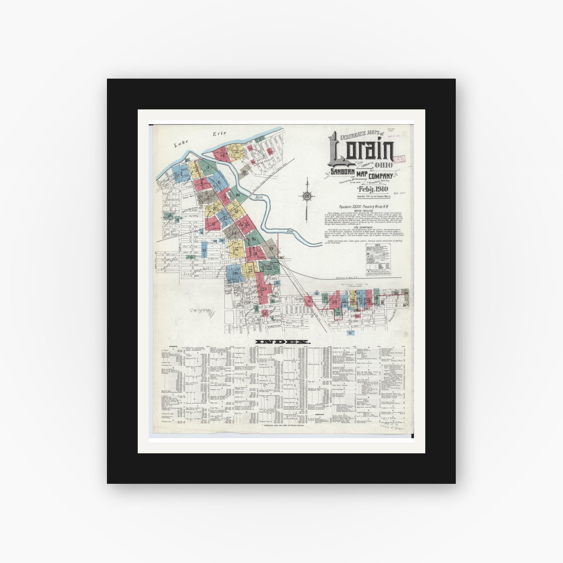 Old map wall art mockup — black gallery frame with white mat — Sanborn Fire Insurance Map from Lorain, Lorain County, Ohio (1910), Sheet #0001