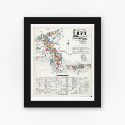 Old map wall art mockup — black gallery frame with white mat — Sanborn Fire Insurance Map from Lorain, Lorain County, Ohio (1910), Sheet #0001