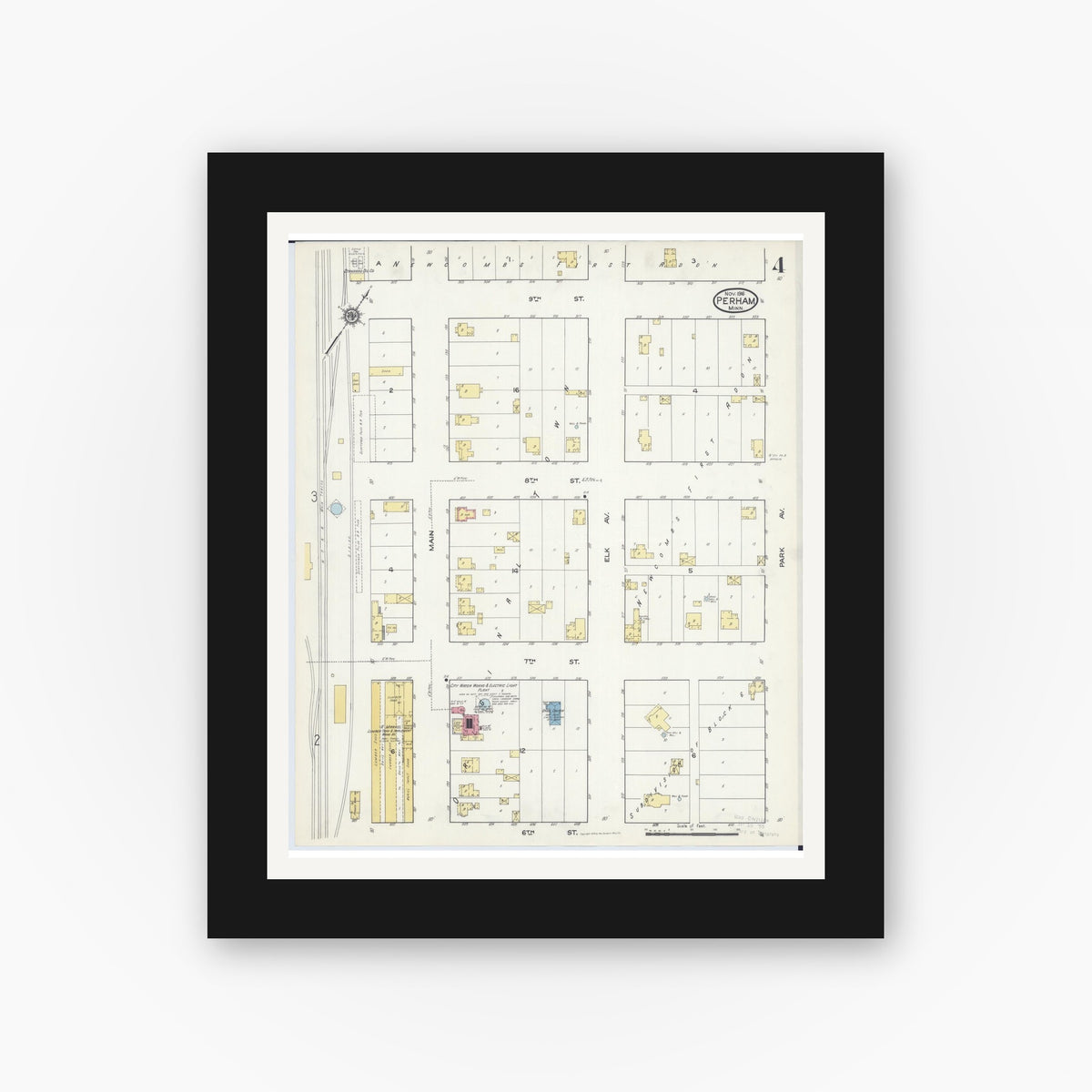 Old map wall art mockup — black gallery frame with white mat — Sanborn Fire Insurance Map from Perham, Otter Tail County, Minnesota (1916), Sheet #0004
