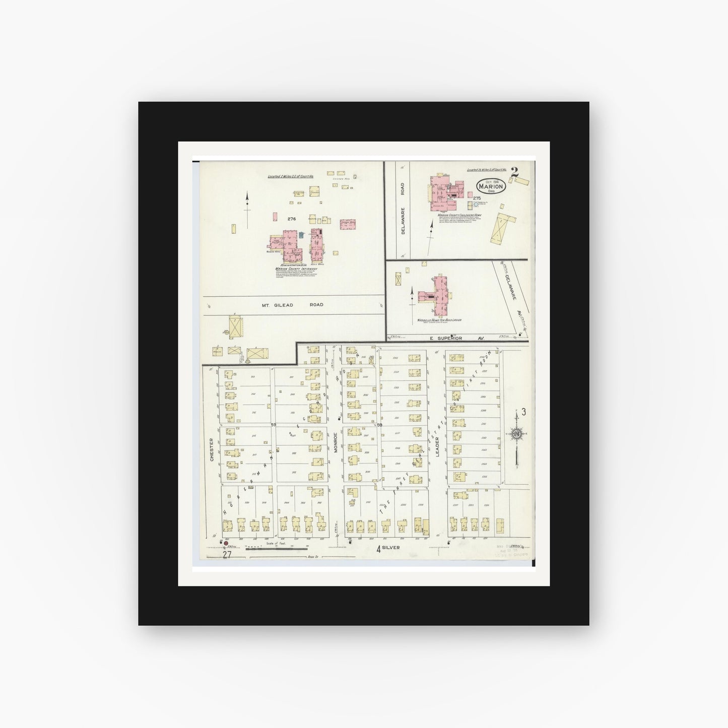 Old map wall art mockup — black gallery frame with white mat — Sanborn Fire Insurance Map from Marion, Marion County, Ohio (1914), Sheet #0002