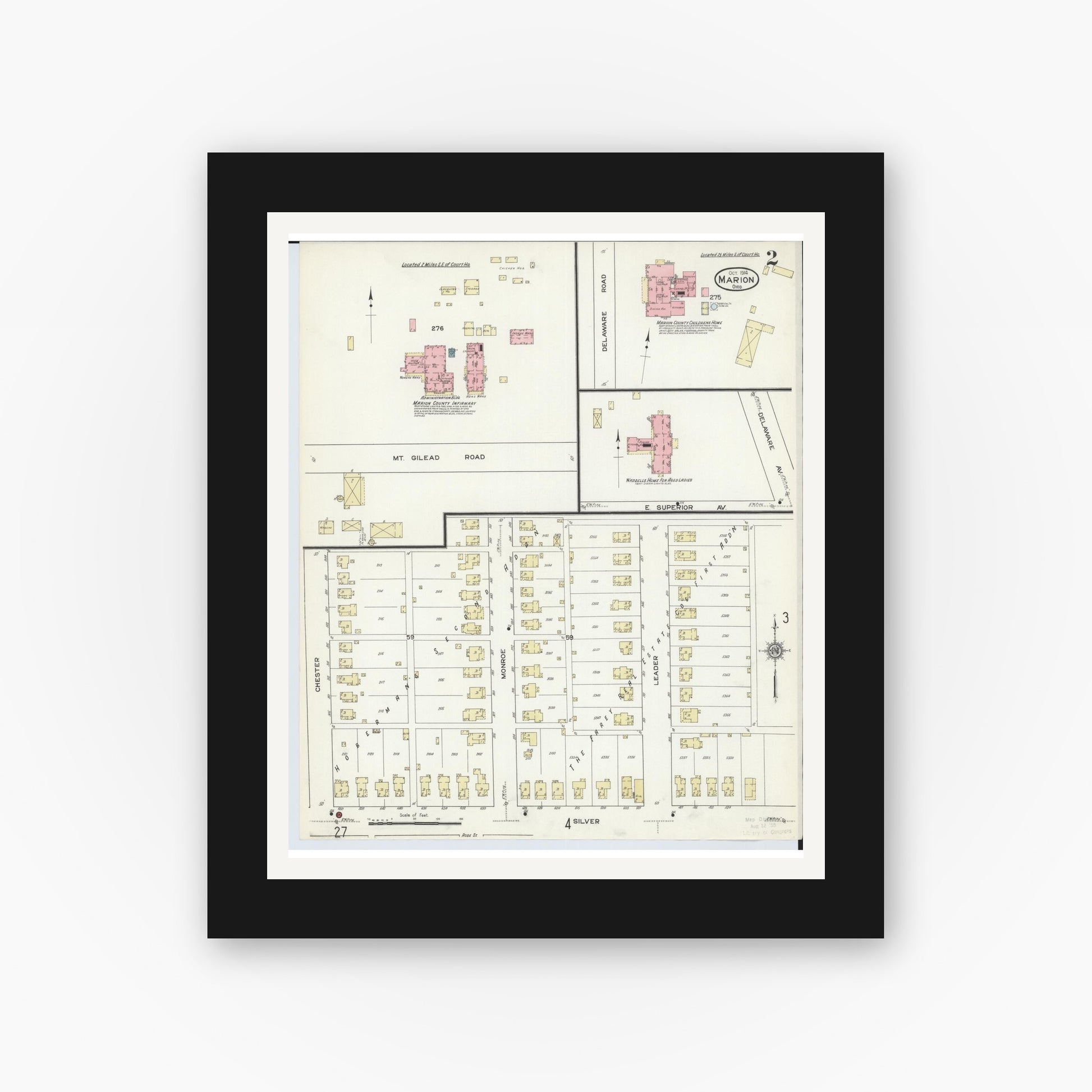 Old map wall art mockup — black gallery frame with white mat — Sanborn Fire Insurance Map from Marion, Marion County, Ohio (1914), Sheet #0002