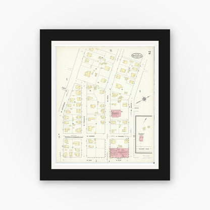 Old map wall art mockup — black gallery frame with white mat — Sanborn Fire Insurance Map from Waxahachie, Ellis County, Texas (1914), Sheet #0002
