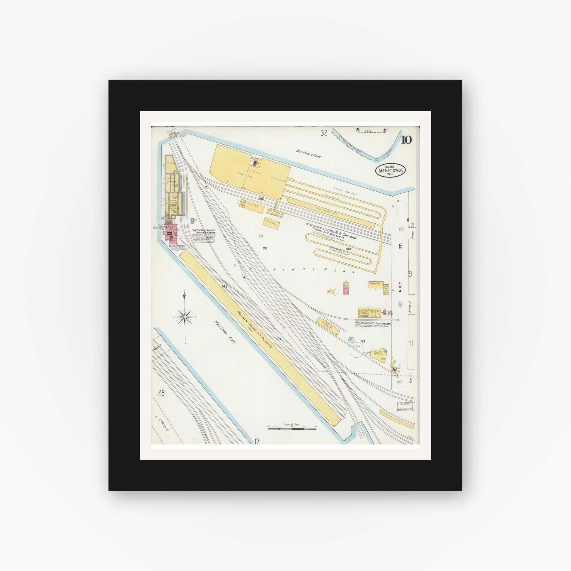 Old map wall art mockup — black gallery frame with white mat — Sanborn Fire Insurance Map from Manitowoc, Manitowoc County, Wisconsin (1906), Sheet #0010