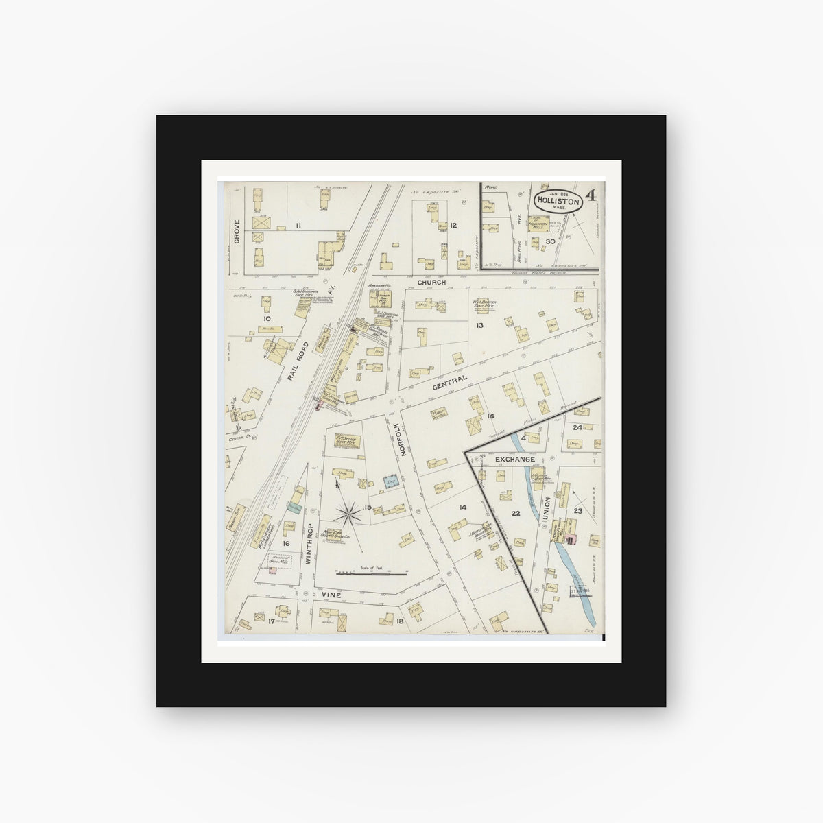 Old map wall art mockup — black gallery frame with white mat — Sanborn Fire Insurance Map from Holliston, Middlesex County, Massachusetts (1888), Sheet #0004