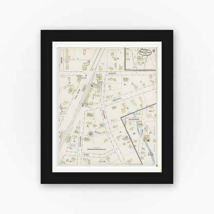 Old map wall art mockup — black gallery frame with white mat — Sanborn Fire Insurance Map from Holliston, Middlesex County, Massachusetts (1888), Sheet #0004