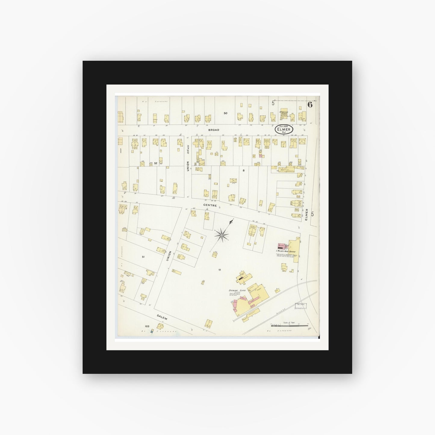 Old map wall art mockup — black gallery frame with white mat — Sanborn Fire Insurance Map from Elmer, Salem County, New Jersey (1908), Sheet #0006