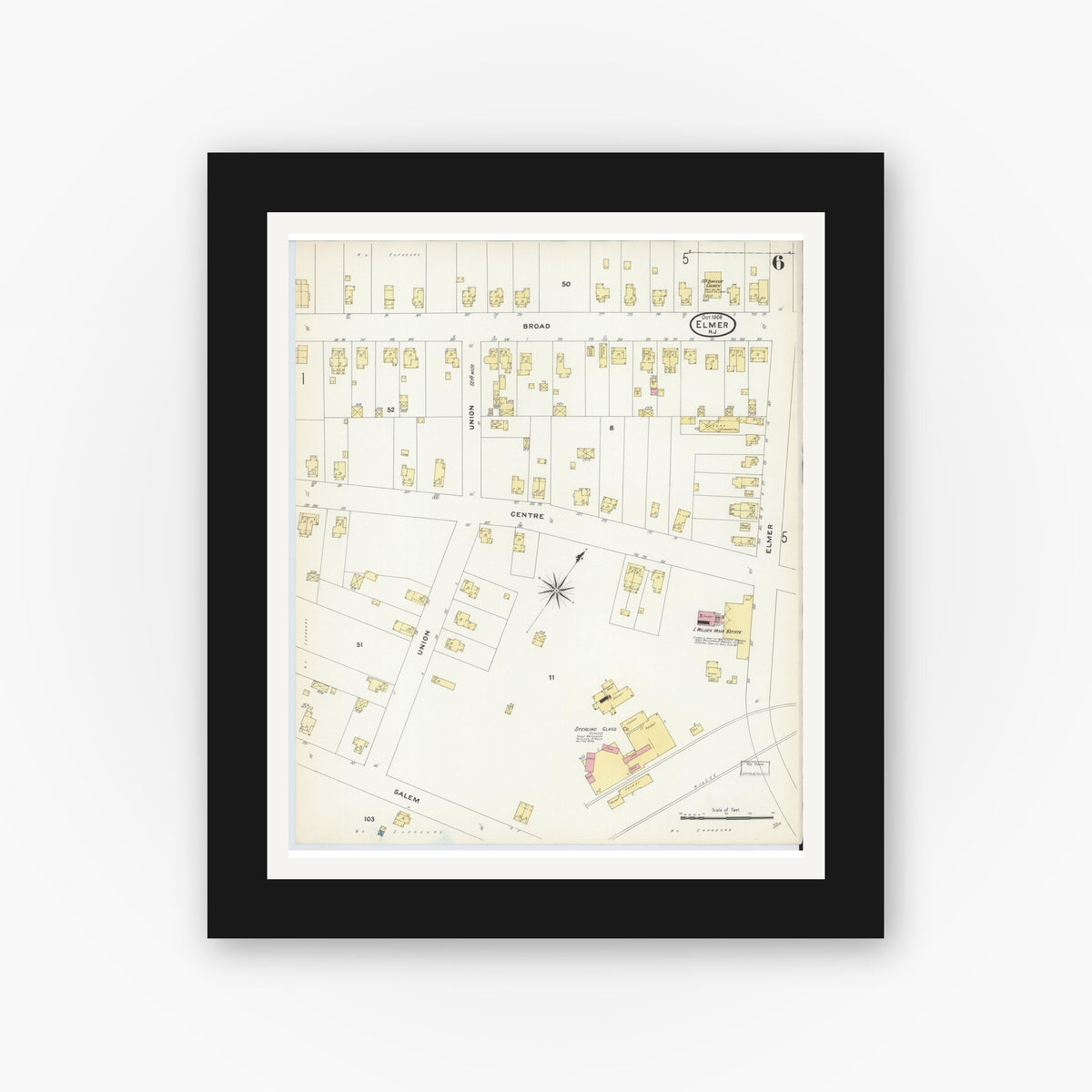 Old map wall art mockup — black gallery frame with white mat — Sanborn Fire Insurance Map from Elmer, Salem County, New Jersey (1908), Sheet #0006