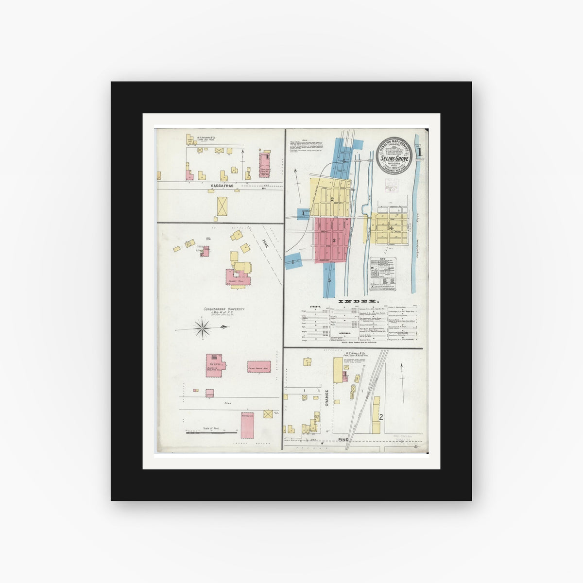 Old map wall art mockup — black gallery frame with white mat — Sanborn Fire Insurance Map from Selins Grove, Snyder County, Pennsylvania (1905) - Complete Map Set