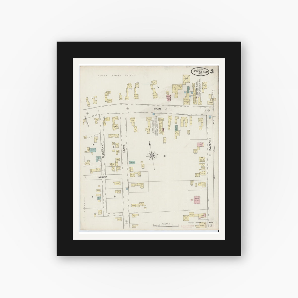 Old map wall art mockup — black gallery frame with white mat — Sanborn Fire Insurance Map from Leicester, Worcester County, Massachusetts (1888), Sheet #0003