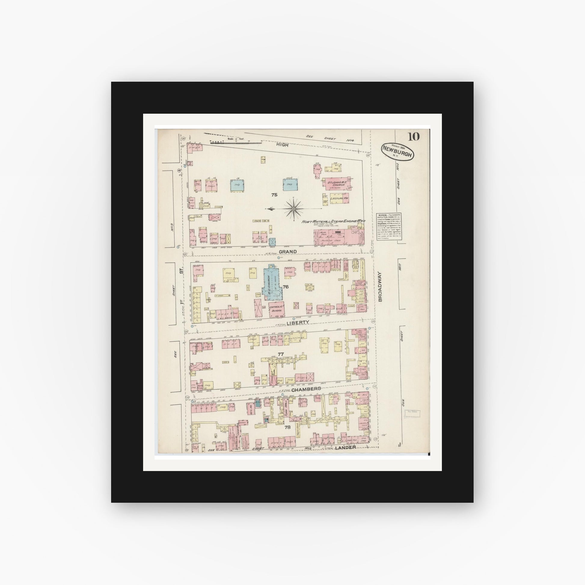 Old map wall art mockup — black gallery frame with white mat — Sanborn Fire Insurance Map from Newburgh, Orange County, New York (1884), Sheet #0010