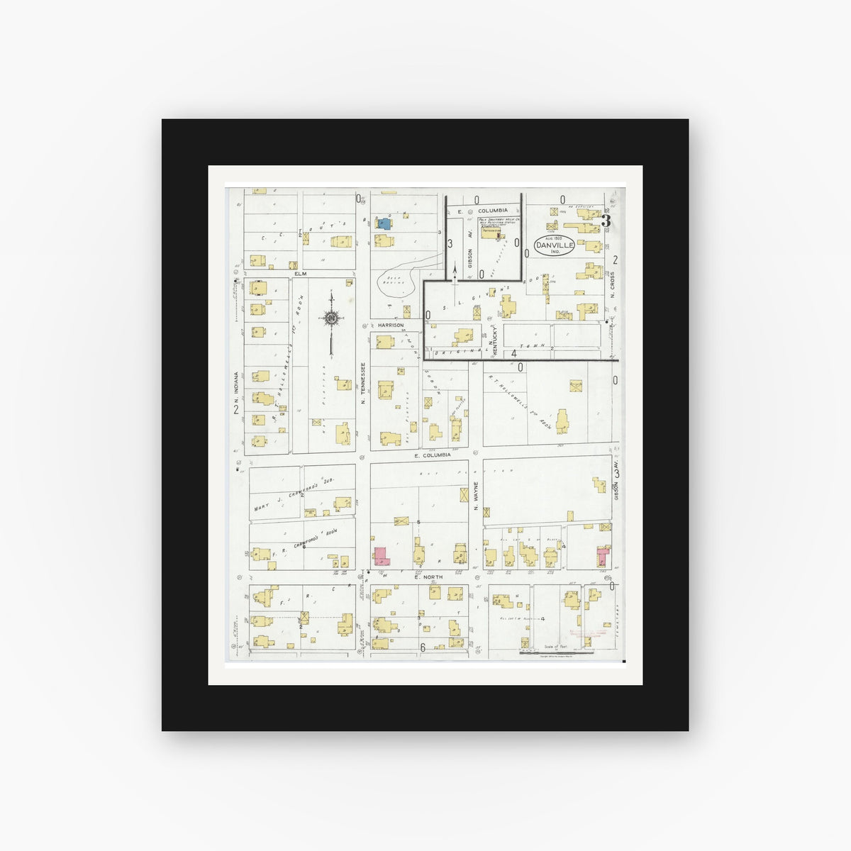 Old map wall art mockup — black gallery frame with white mat — Sanborn Fire Insurance Map from Danville, Hendricks County, Indiana (1920), Sheet #0003