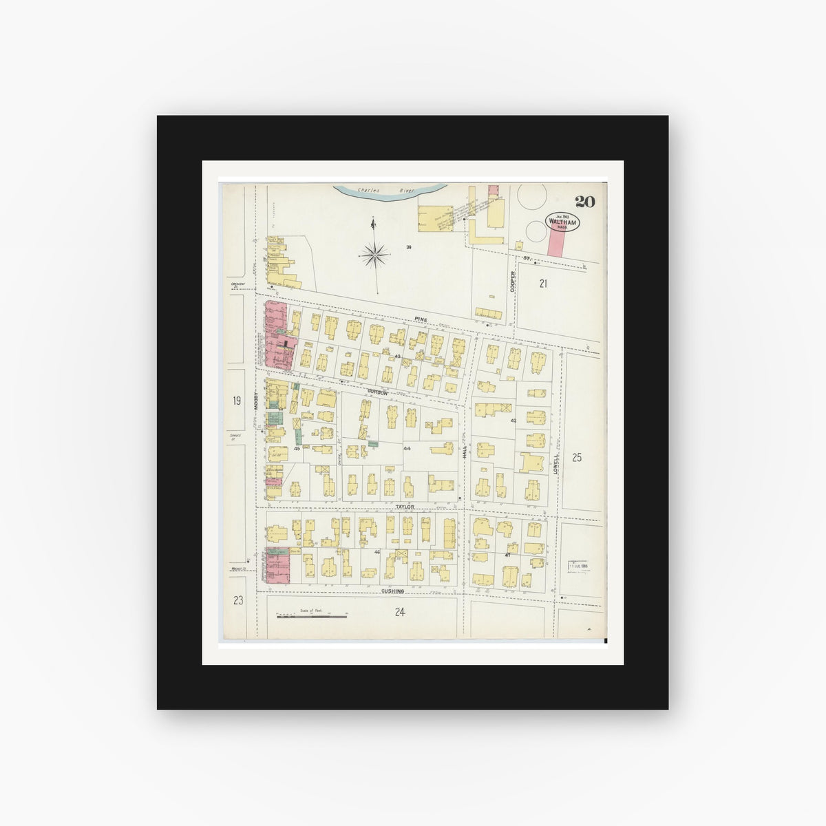 Old map wall art mockup — black gallery frame with white mat — Sanborn Fire Insurance Map from Waltham, Middlesex County, Massachusetts (1903), Sheet #0020
