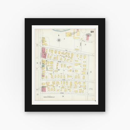 Old map wall art mockup — black gallery frame with white mat — Sanborn Fire Insurance Map from Waltham, Middlesex County, Massachusetts (1903), Sheet #0020