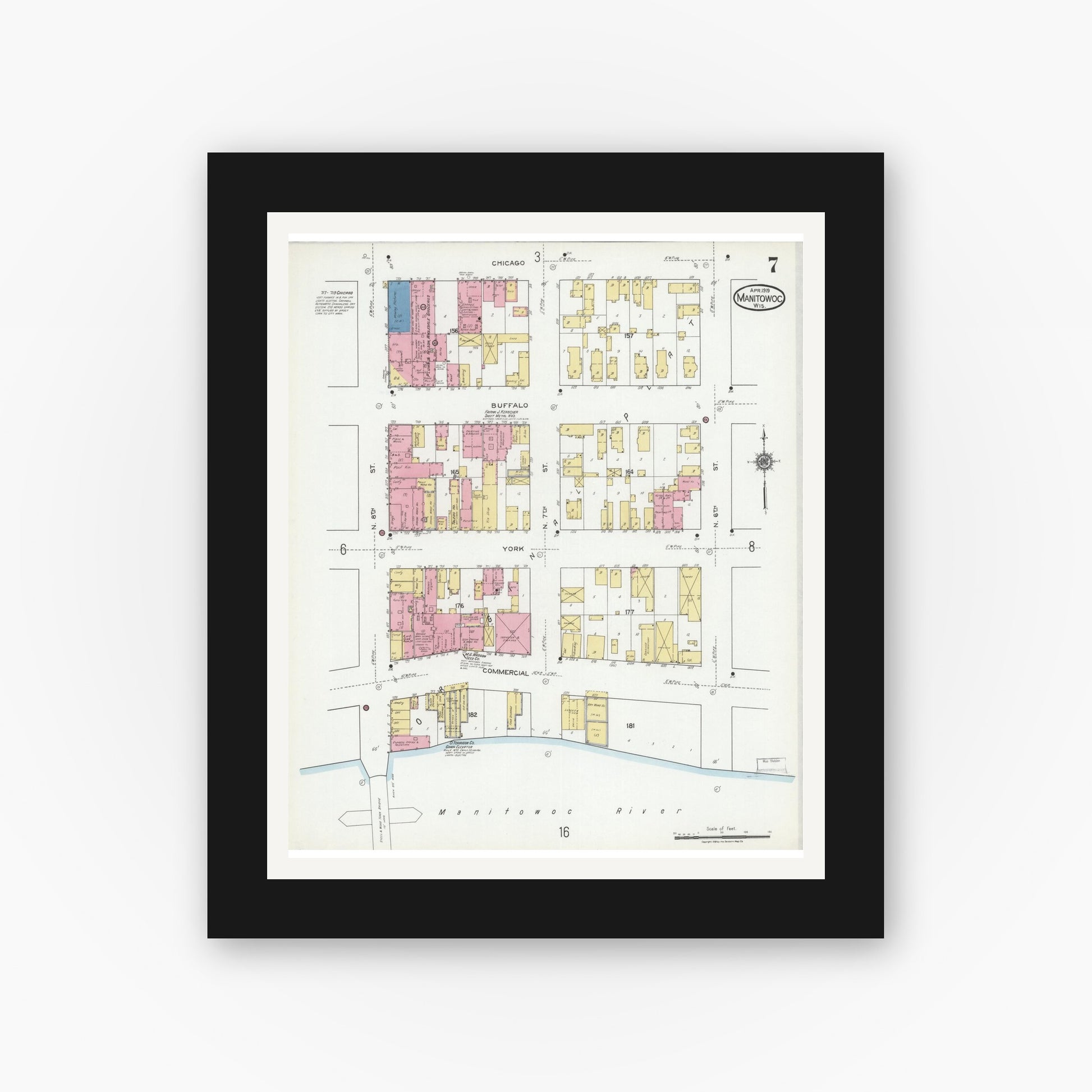 Old map wall art mockup — black gallery frame with white mat — Sanborn Fire Insurance Map from Manitowoc, Manitowoc County, Wisconsin (1919), Sheet #0007
