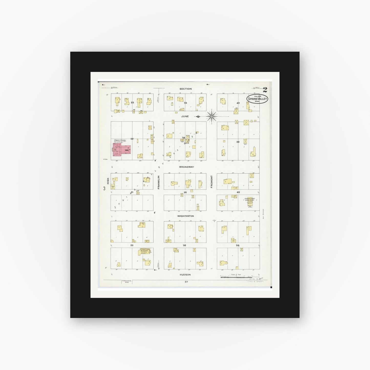 Old map wall art mockup — black gallery frame with white mat — Sanborn Fire Insurance Map from Spring Valley, Fillmore County, Minnesota (1909), Sheet #0002