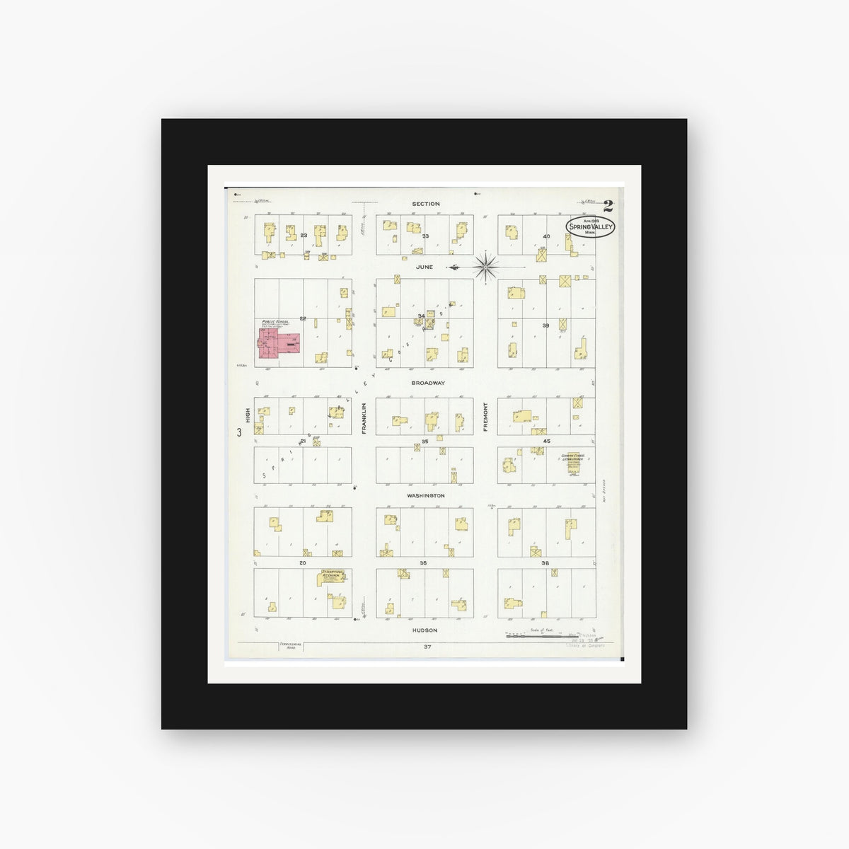 Old map wall art mockup — black gallery frame with white mat — Sanborn Fire Insurance Map from Spring Valley, Fillmore County, Minnesota (1909), Sheet #0002