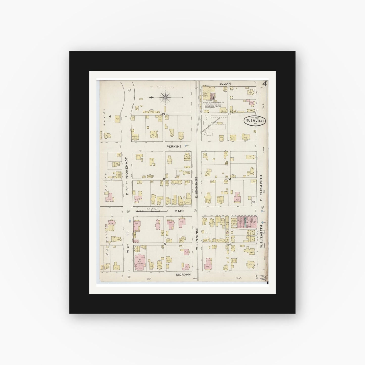 Old map wall art mockup — black gallery frame with white mat — Sanborn Fire Insurance Map from Rushville, Rush County, Indiana (1887), Sheet #0004