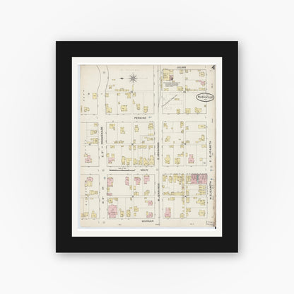Old map wall art mockup — black gallery frame with white mat — Sanborn Fire Insurance Map from Rushville, Rush County, Indiana (1887), Sheet #0004